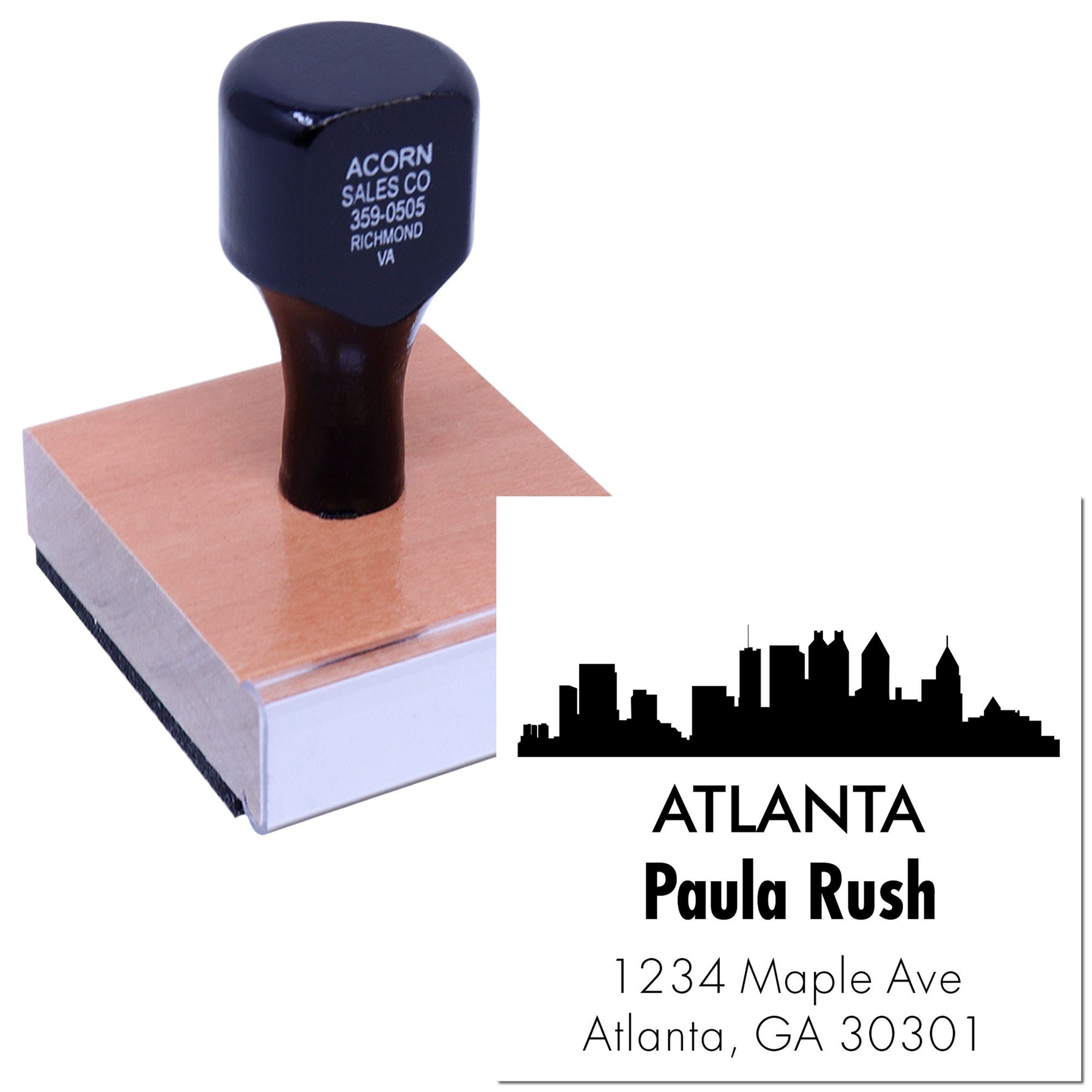 Custom Atlanta return address rubber stamp for Paula Rush with skyline logo and mailing address.