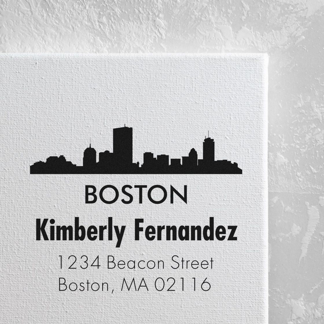 Custom Boston skyline return address rubber stamp for Kimberly Fernandez, 1234 Beacon Street, Boston, MA 02116.