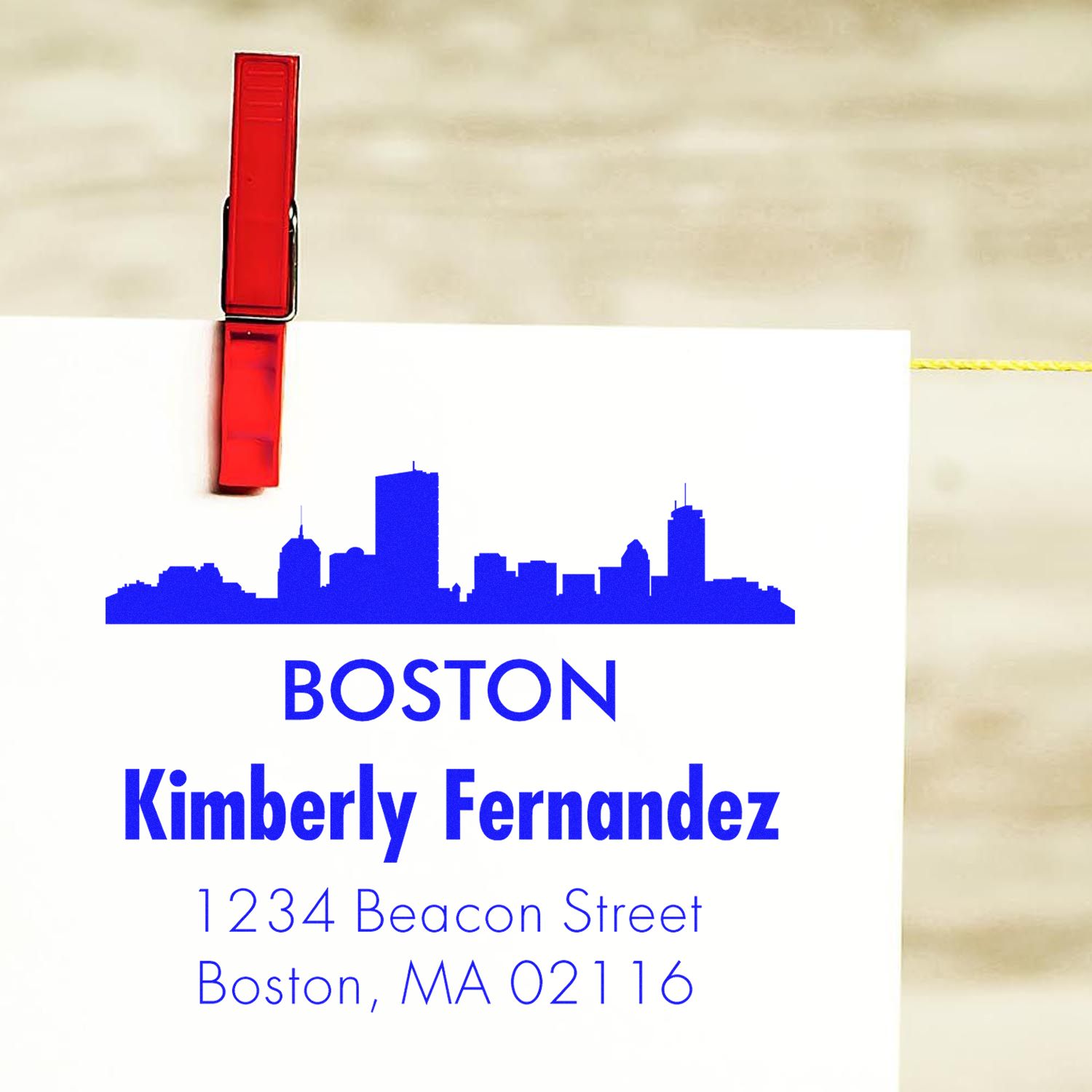 Boston skyline custom rubber stamp with Kimberly Fernandez address, 1234 Beacon Street, Boston, MA 02116