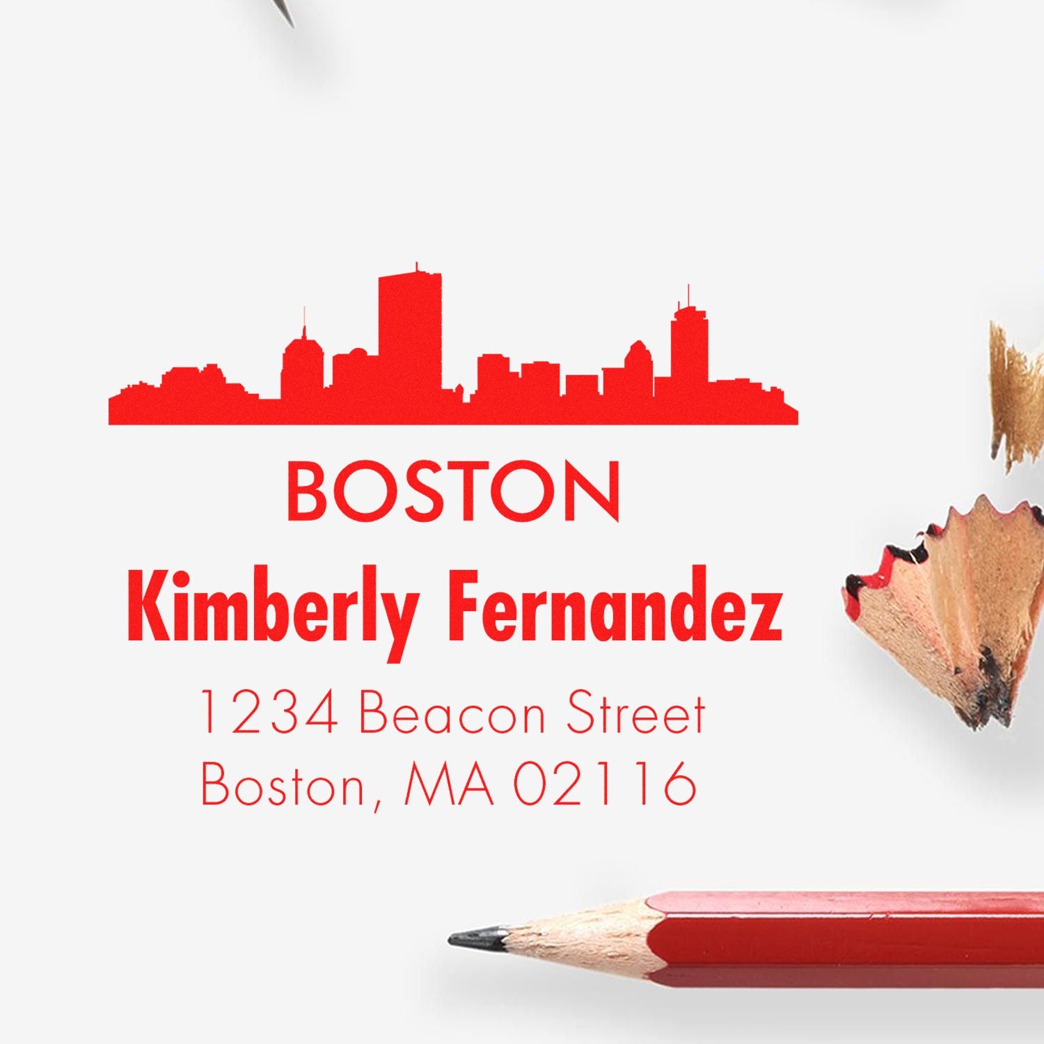 Custom Boston return address rubber stamp with skyline, name, and mailing address for personalized mailings.