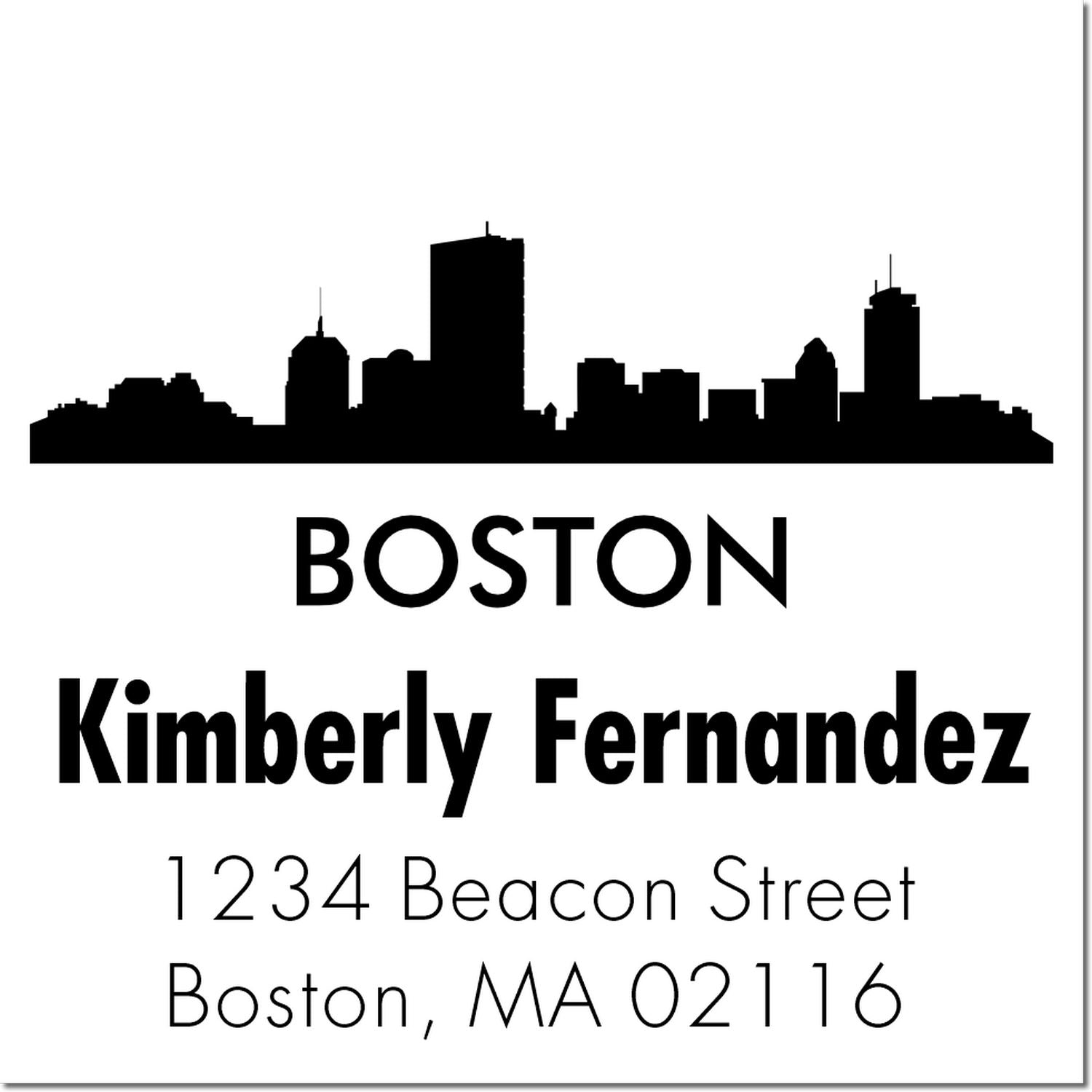 Custom Boston skyline return address stamp with Kimberly Fernandez, 1234 Beacon Street, Boston, MA 02116.