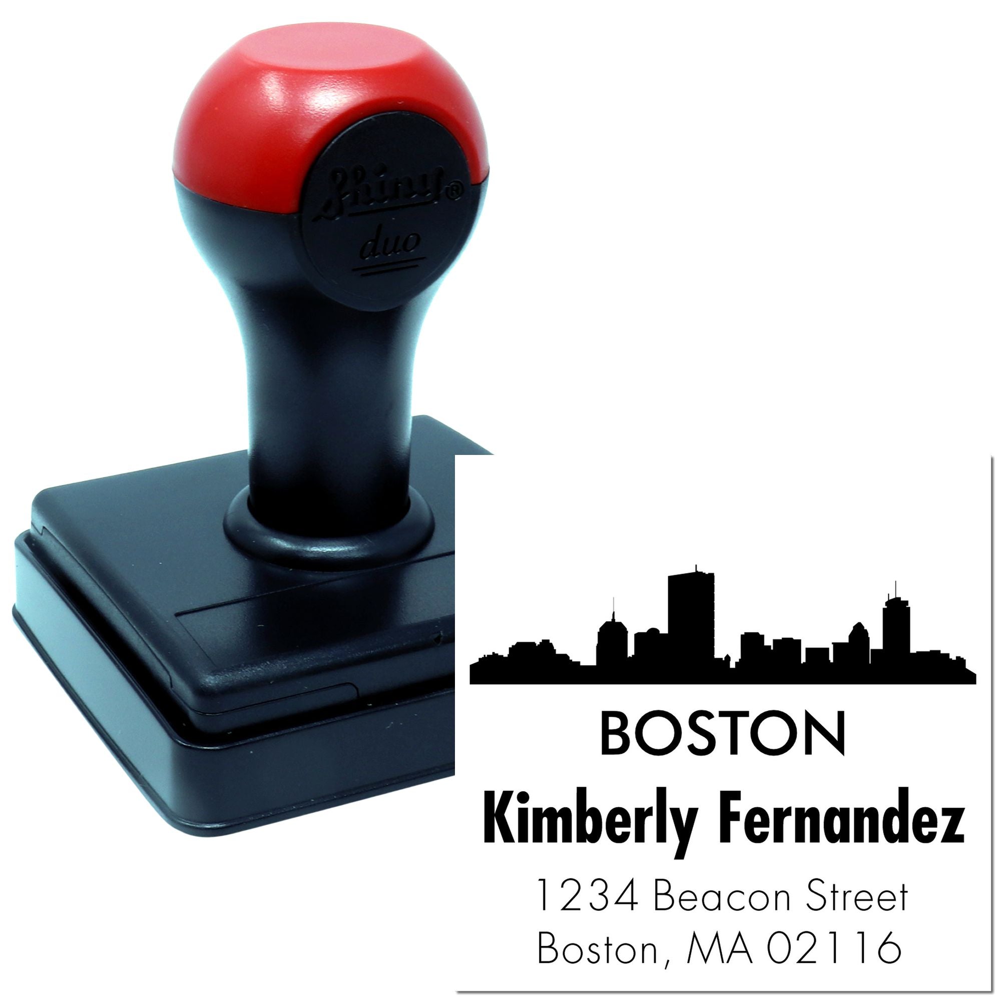 Custom self-inking address stamp with Boston skyline and return address for Kimberly Fernandez, Boston, MA 02116.
