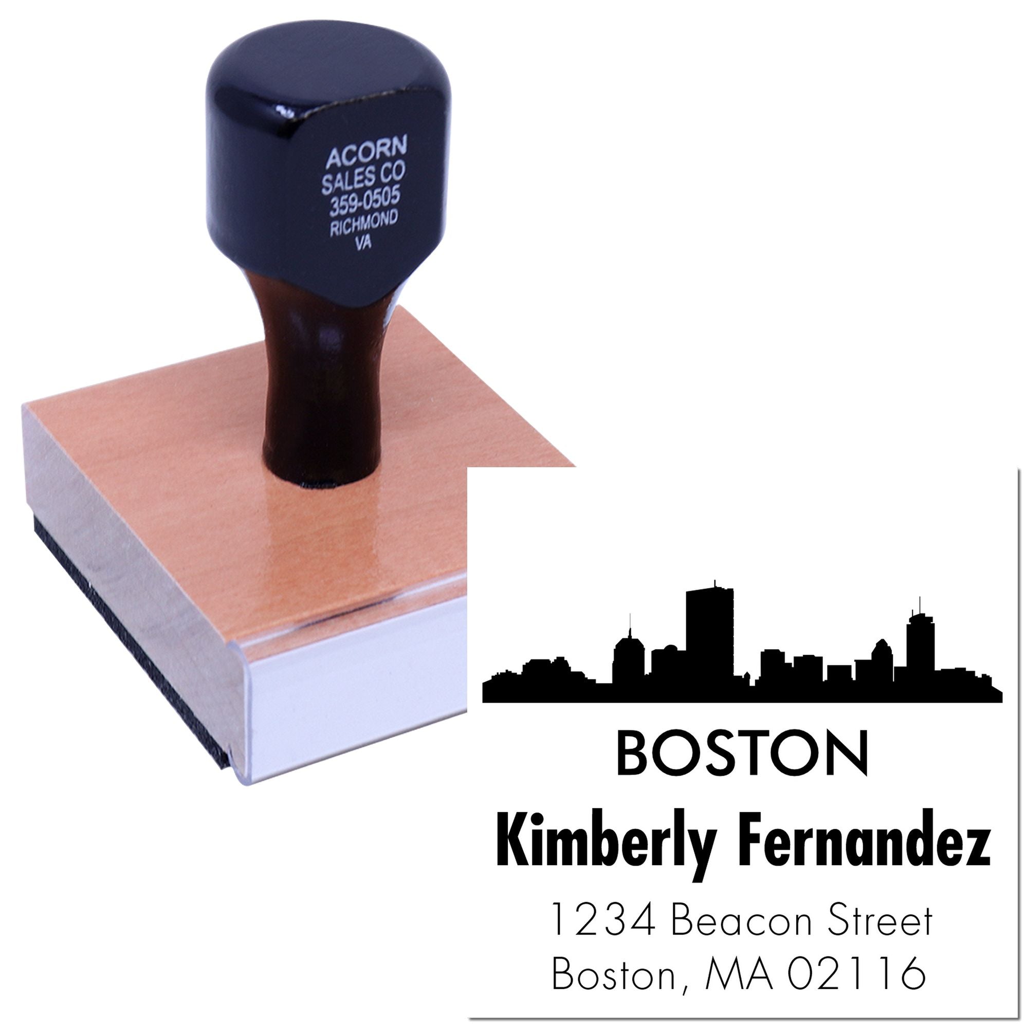 Custom Boston return address rubber stamp with skyline design for personalized mailing and business use.