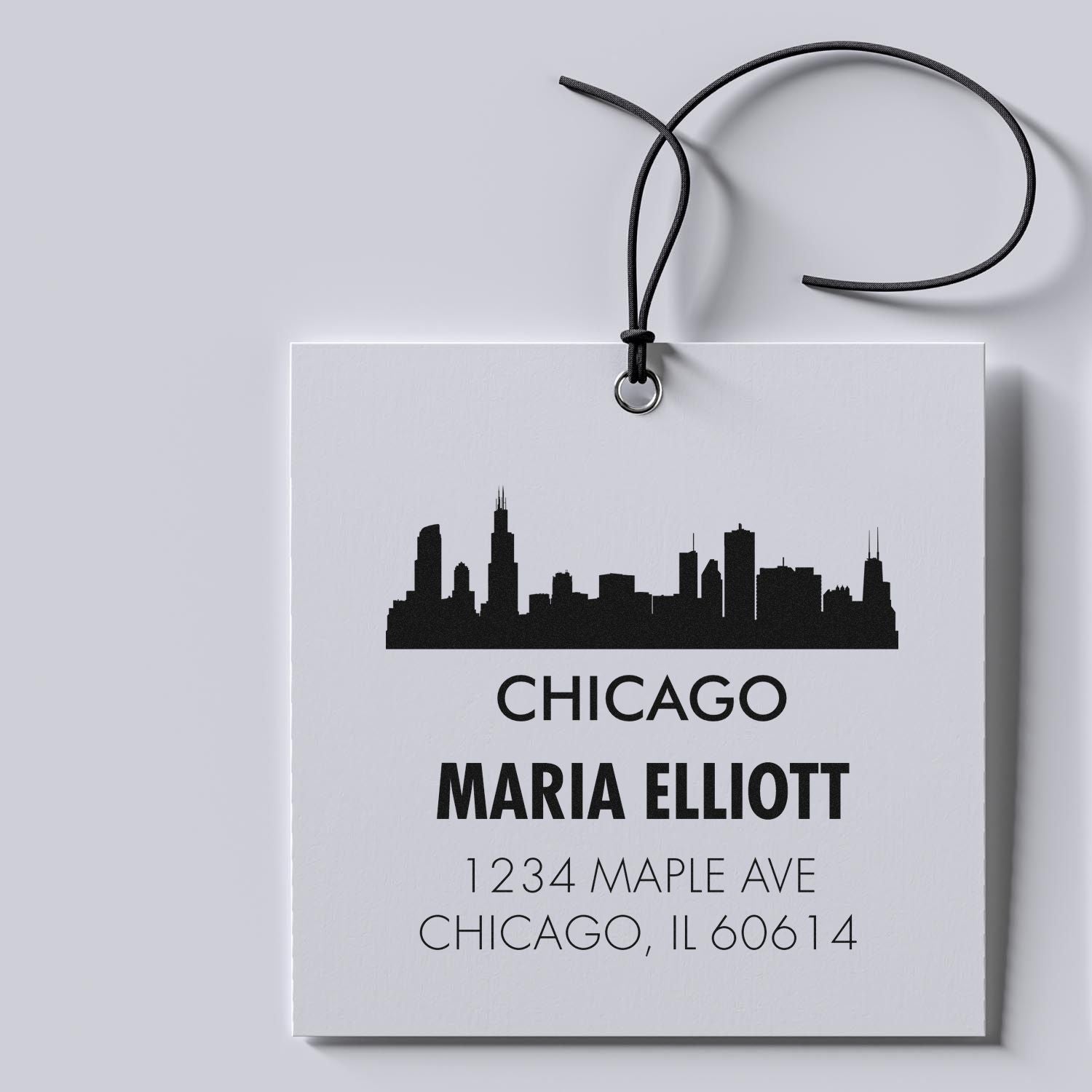 Custom Chicago skyline return address rubber stamp with name and address for personalized gift tags