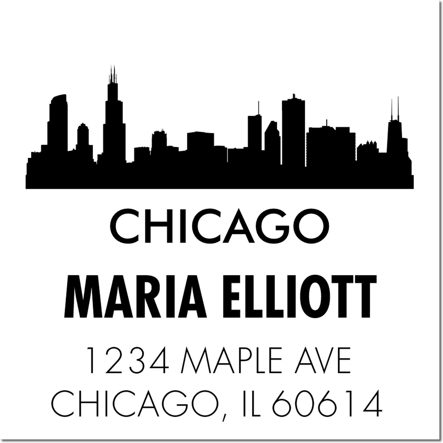 Personalized Chicago return address rubber stamp with skyline silhouette, Maria Elliott, 1234 Maple Ave, Chicago IL 60614