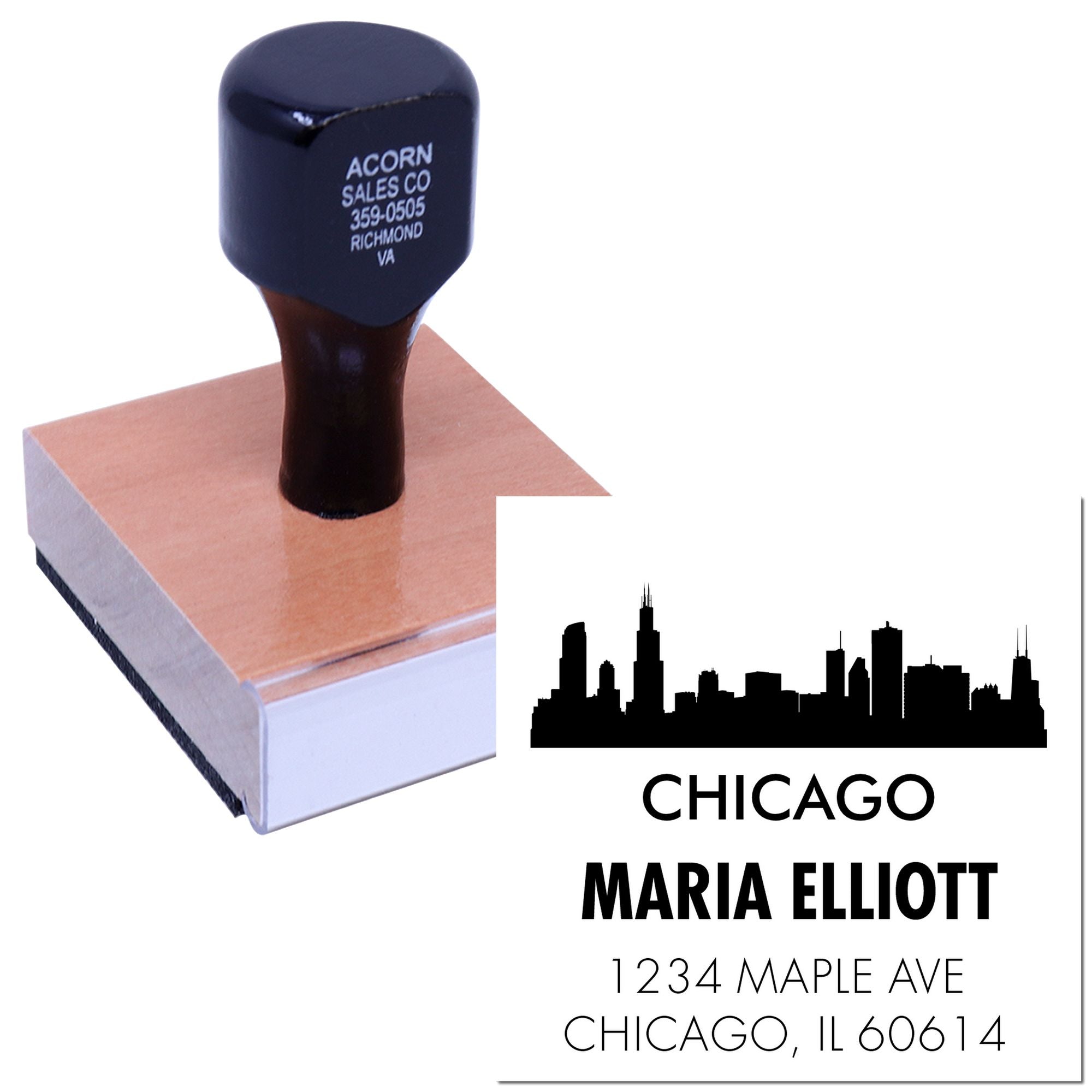 Custom Chicago return address rubber stamp with skyline logo for personalized mailings.