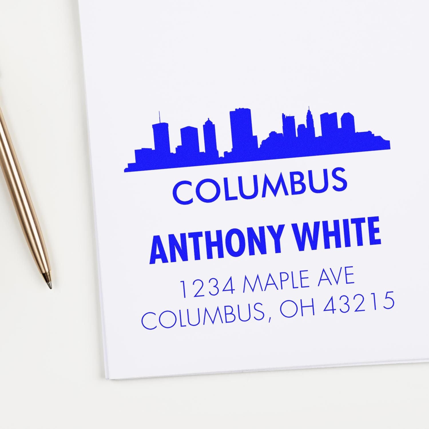 Custom Columbus address rubber stamp with skyline, Anthony White name, and Maple Ave return address design.