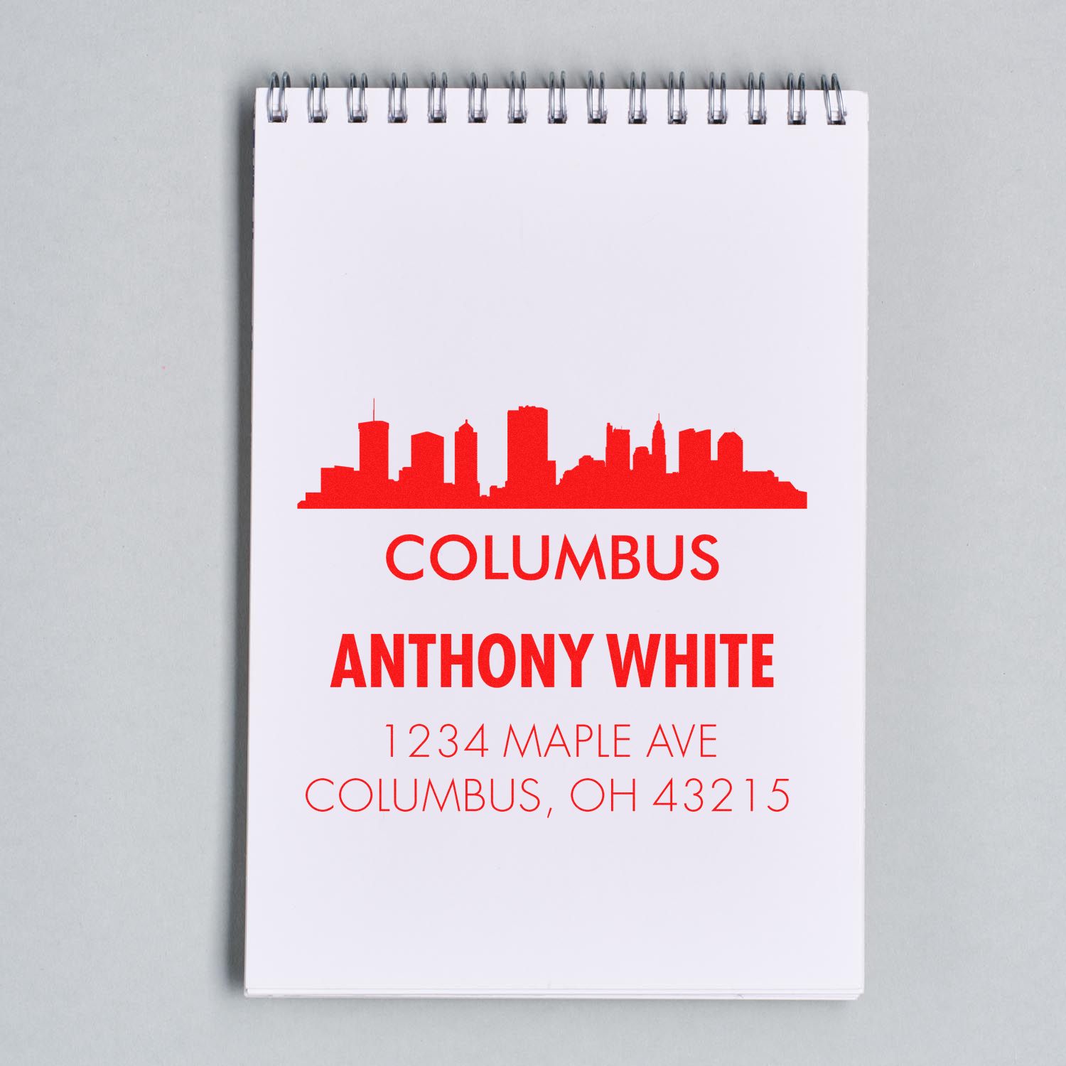 Custom Columbus skyline return address rubber stamp impression for Anthony White, 1234 Maple Ave, Columbus, OH 43215.