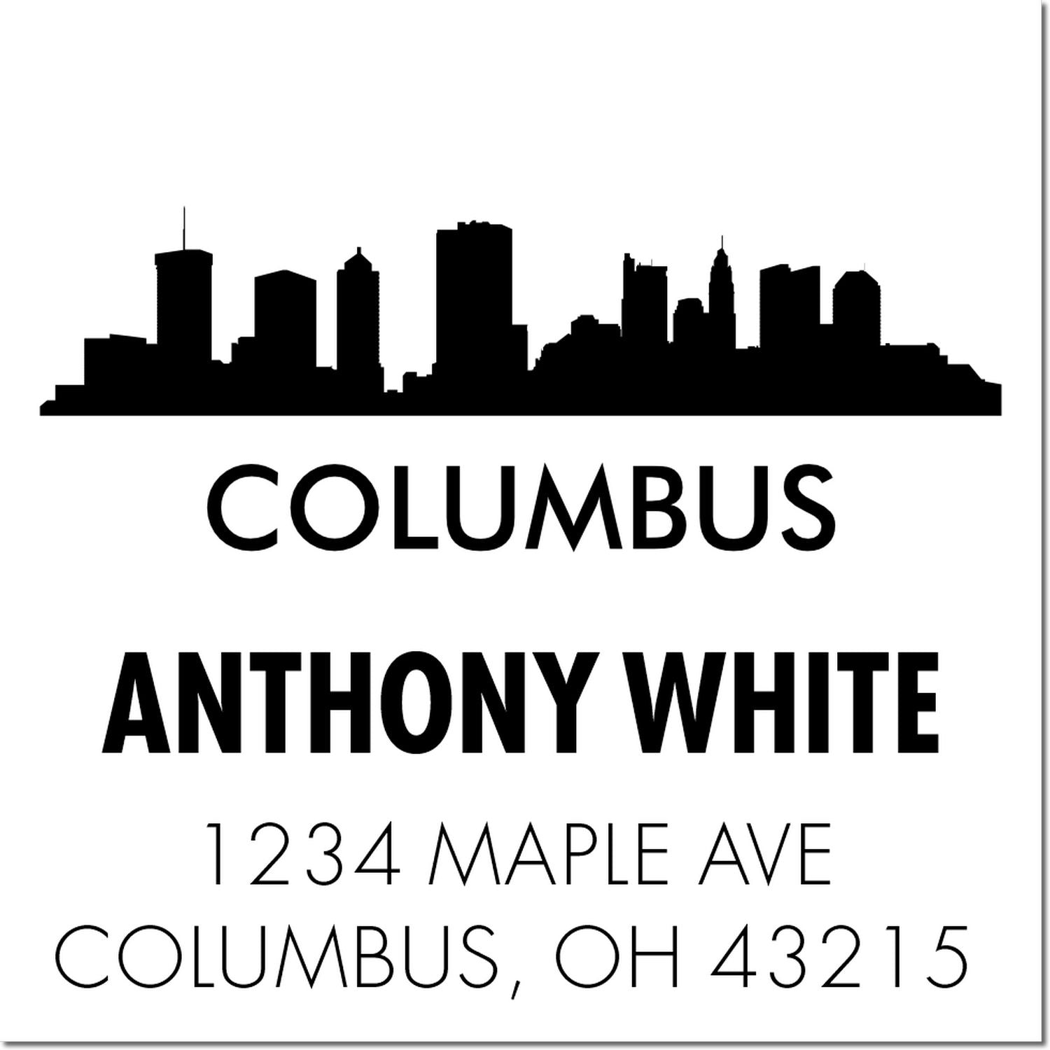 Custom Columbus, OH return address stamp with skyline, Anthony White, 1234 Maple Ave, 43215.