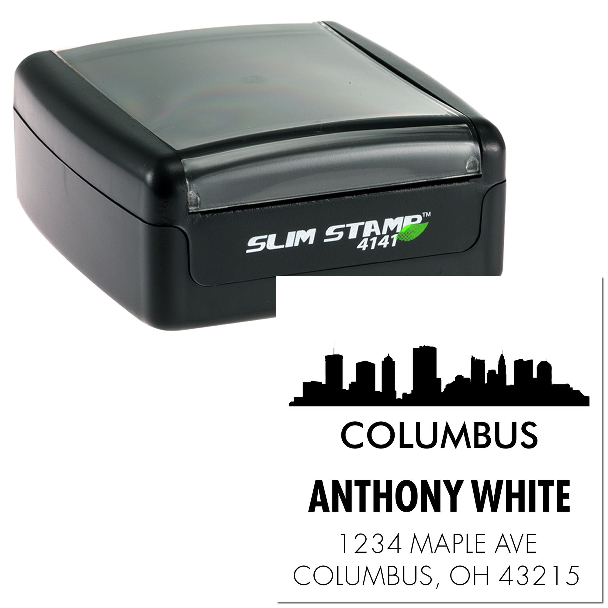 Custom self-inking rubber address stamp with Columbus skyline, Anthony White name, and Maple Ave return address.