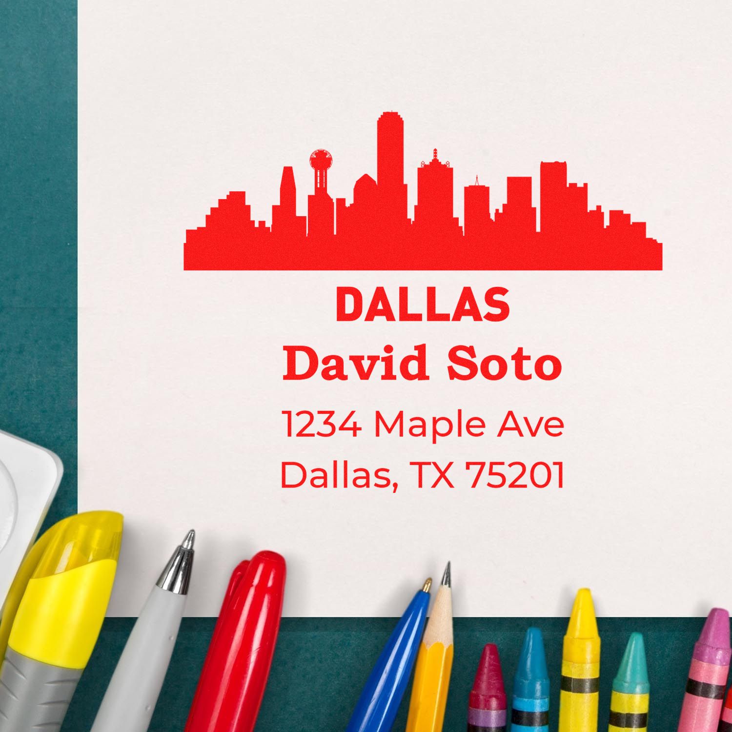 Custom Dallas address rubber stamp with skyline design for personalized return mail and business use.