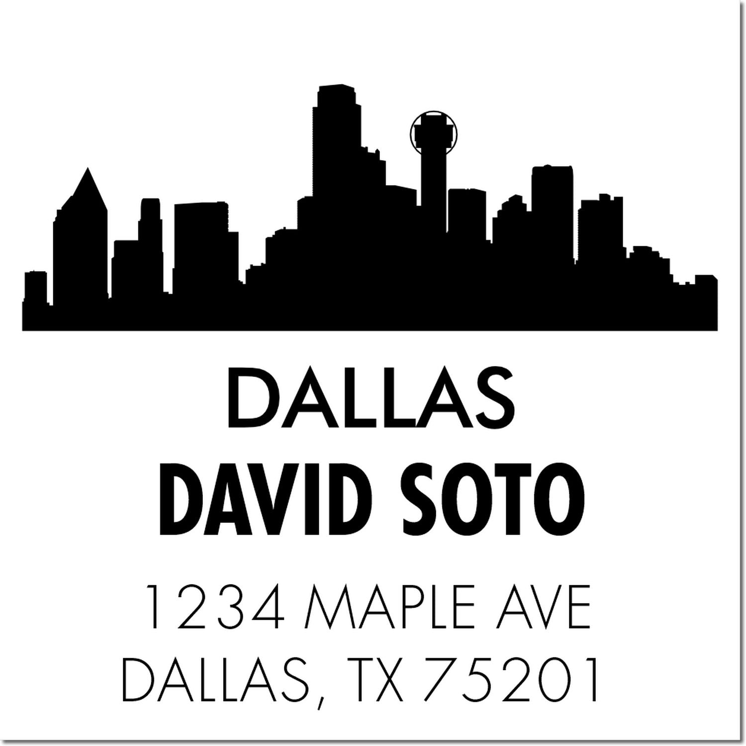 Dallas skyline custom address rubber stamp with David Soto, 1234 Maple Ave, Dallas, TX 75201