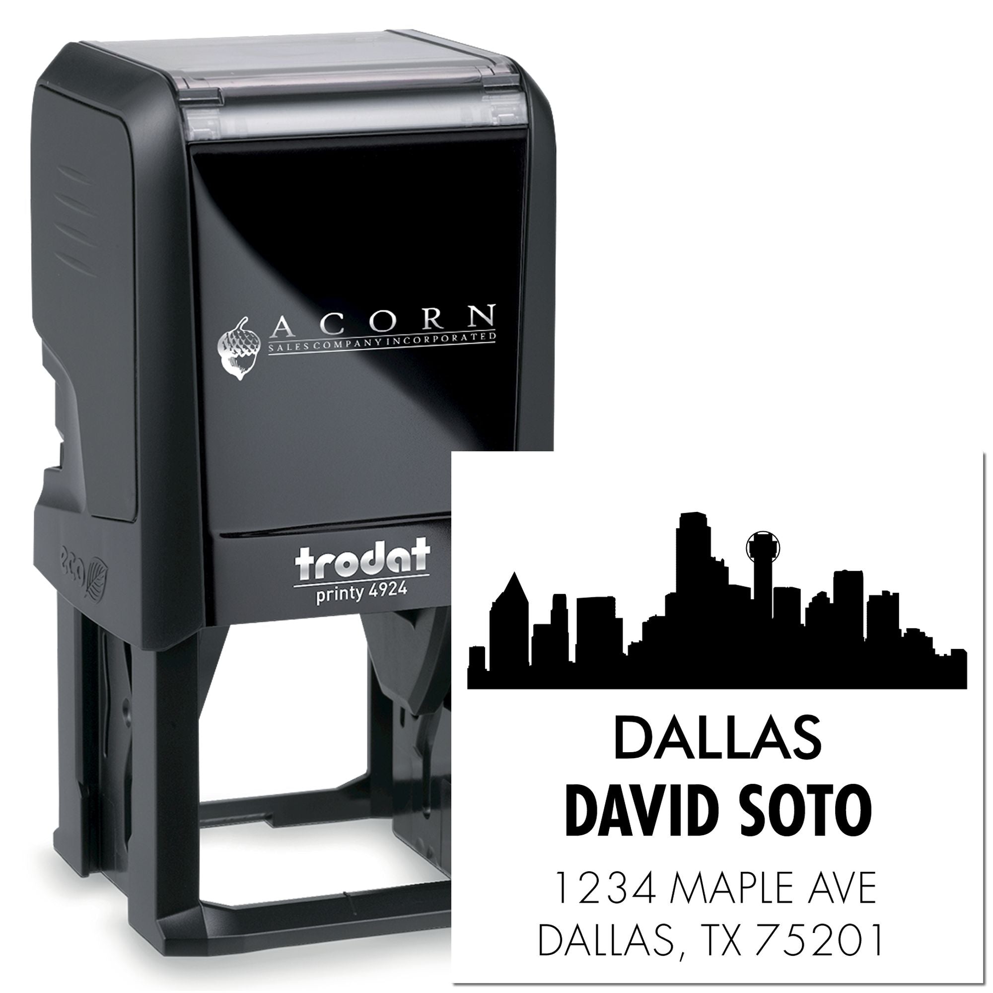 Custom self-inking rubber stamp with Dallas skyline address design for business branding and mailing.