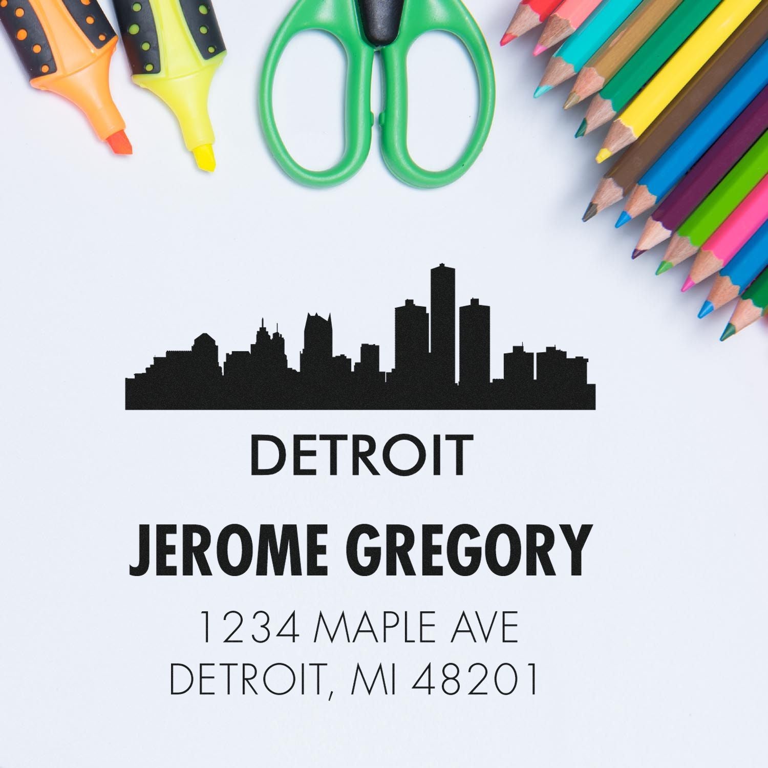 Custom Detroit return address rubber stamp with skyline logo, Jerome Gregory, 1234 Maple Ave, Detroit, MI 48201.