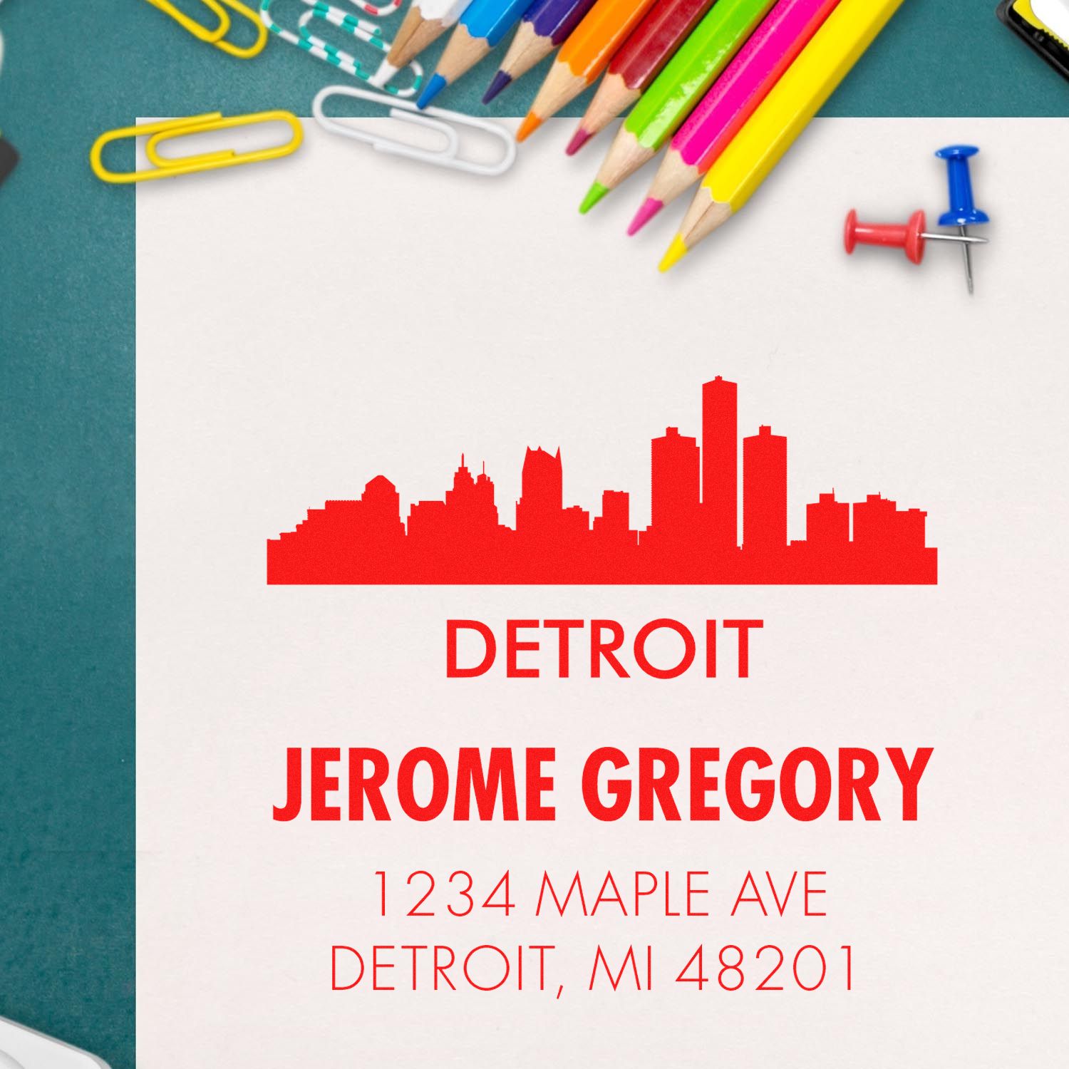 Custom Detroit address stamp rubber stamp design with skyline, Jerome Gregory, 1234 Maple Ave, Detroit MI 48201.