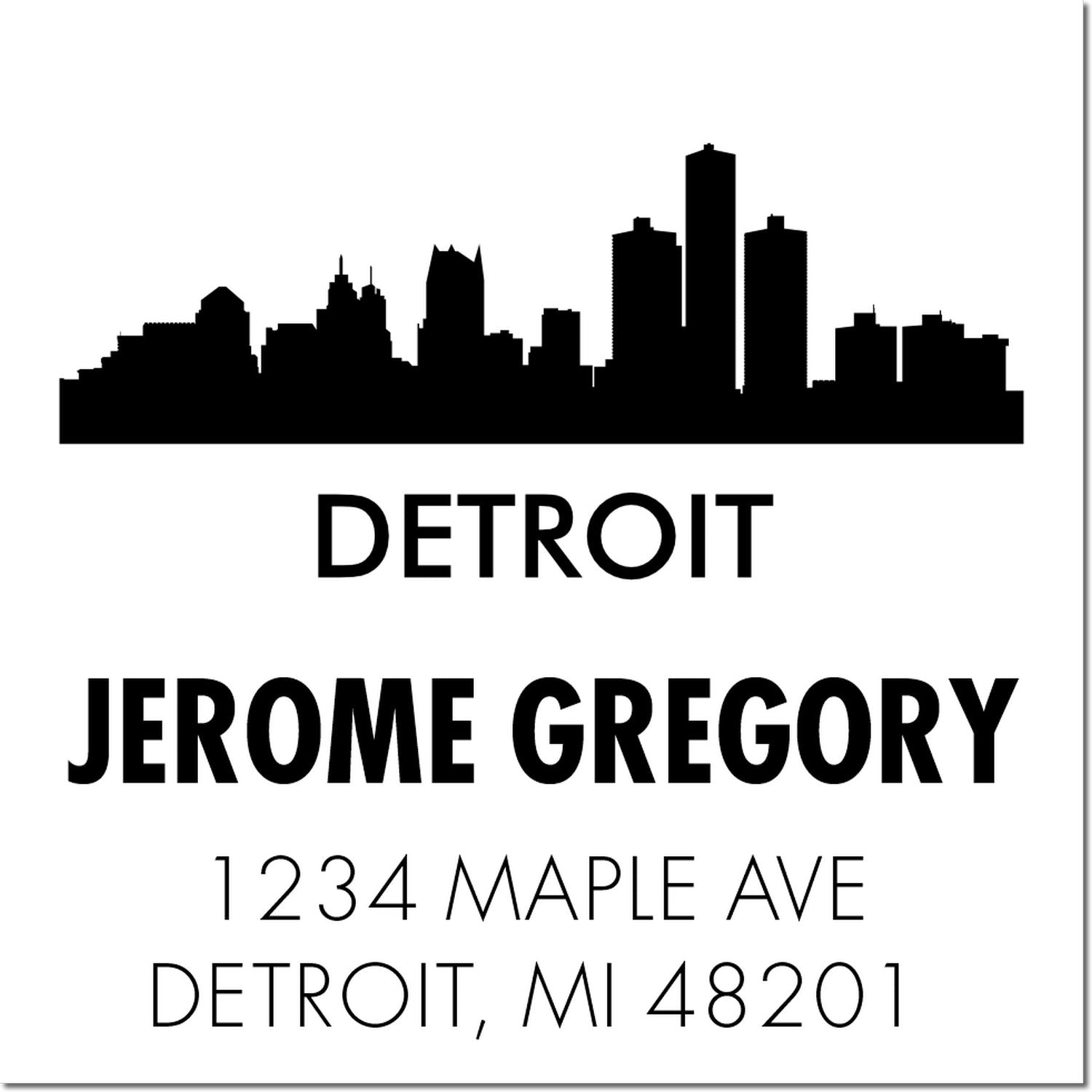 Custom Detroit skyline return address rubber stamp for Jerome Gregory, 1234 Maple Ave, Detroit, MI 48201