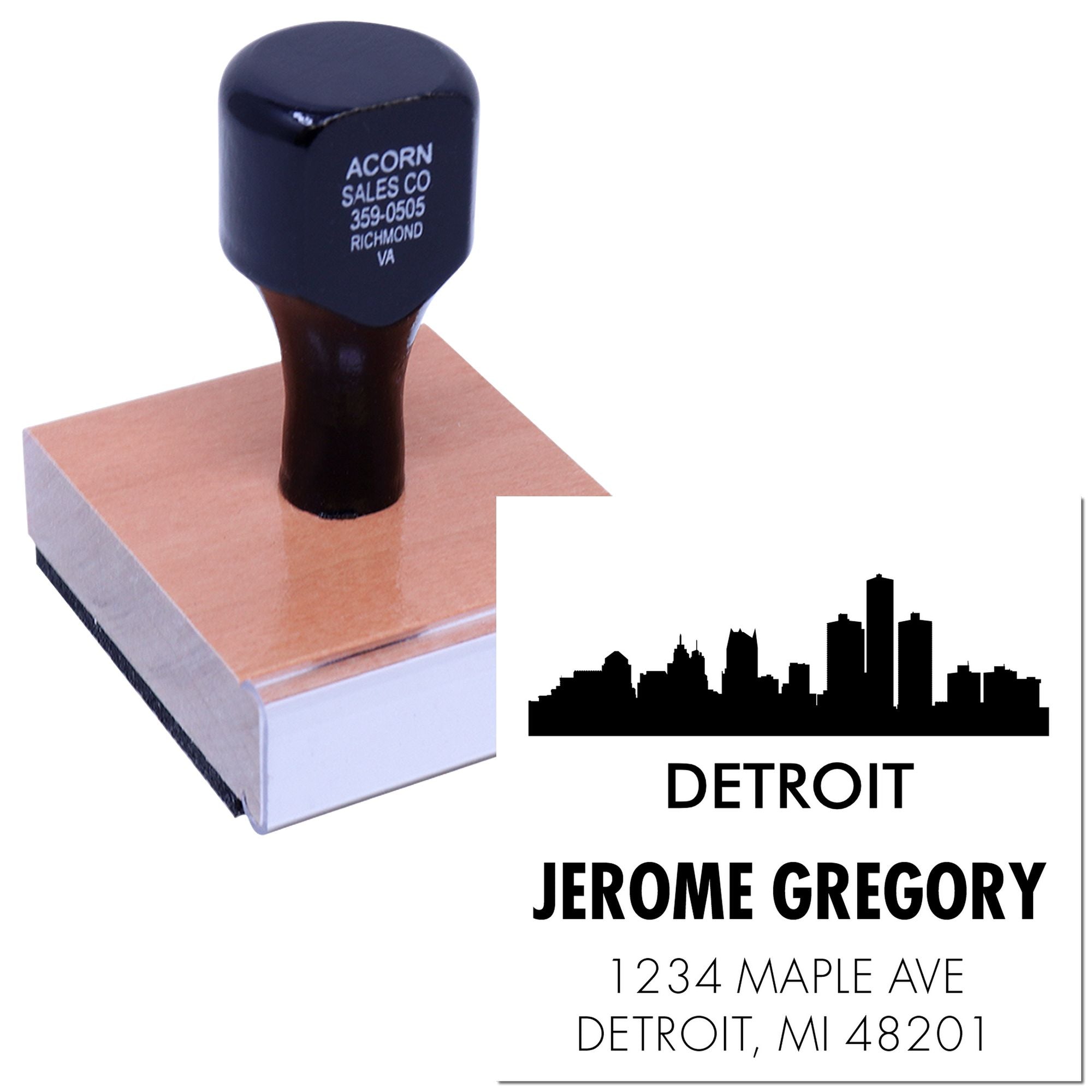 Custom Detroit return address rubber stamp with skyline design for personalized business mailings and branding.