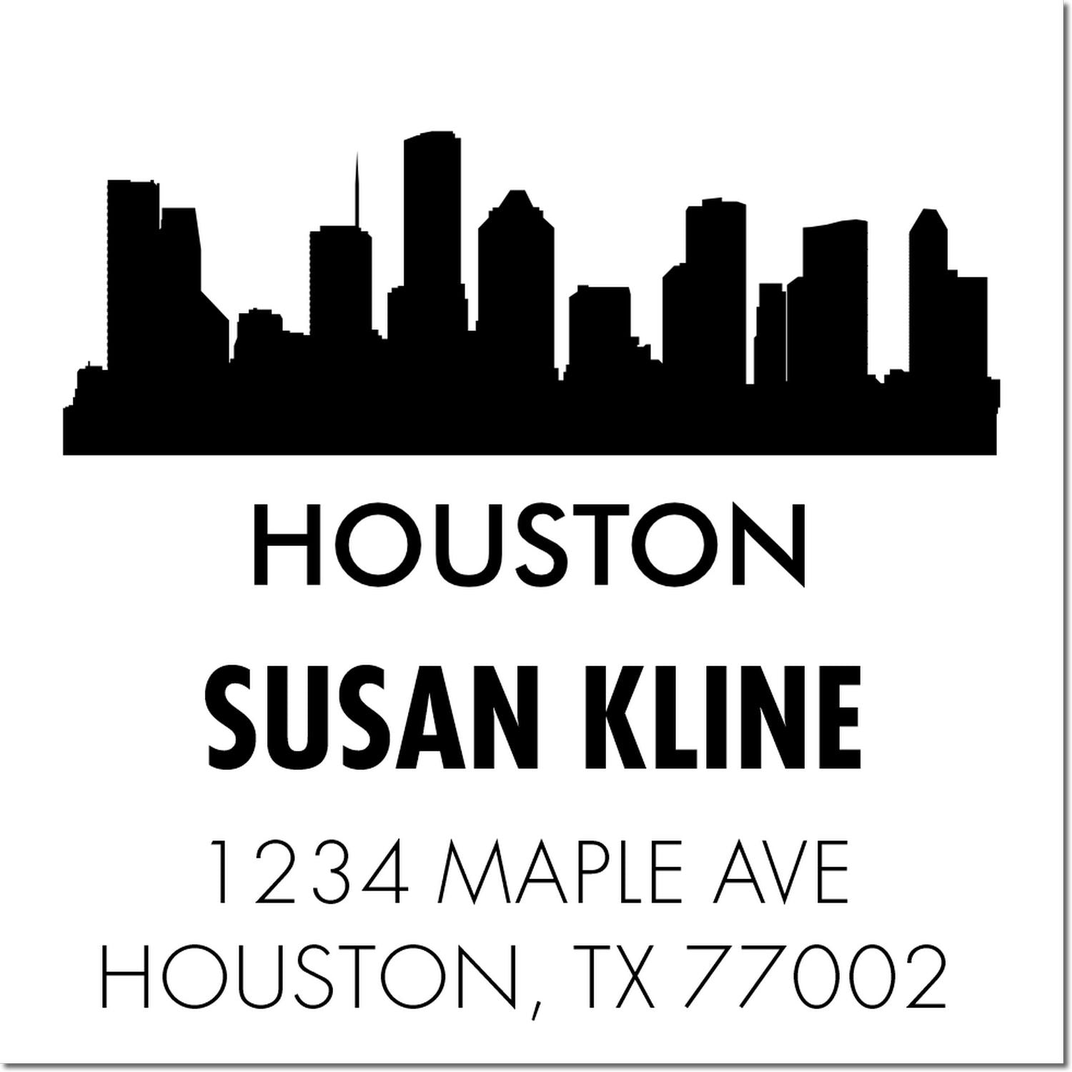 Custom Houston skyline return address rubber stamp for Susan Kline, 1234 Maple Ave, Houston, TX 77002