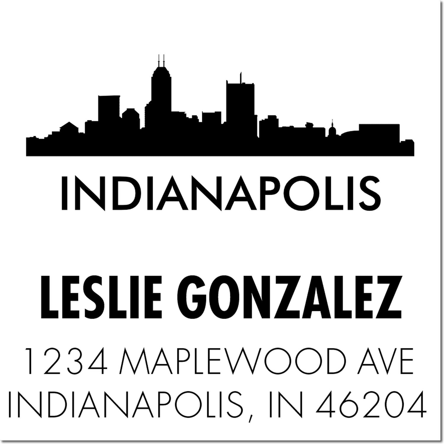 Personalized Indianapolis skyline rubber stamp with Leslie Gonzalez name and Maplewood Ave return address.