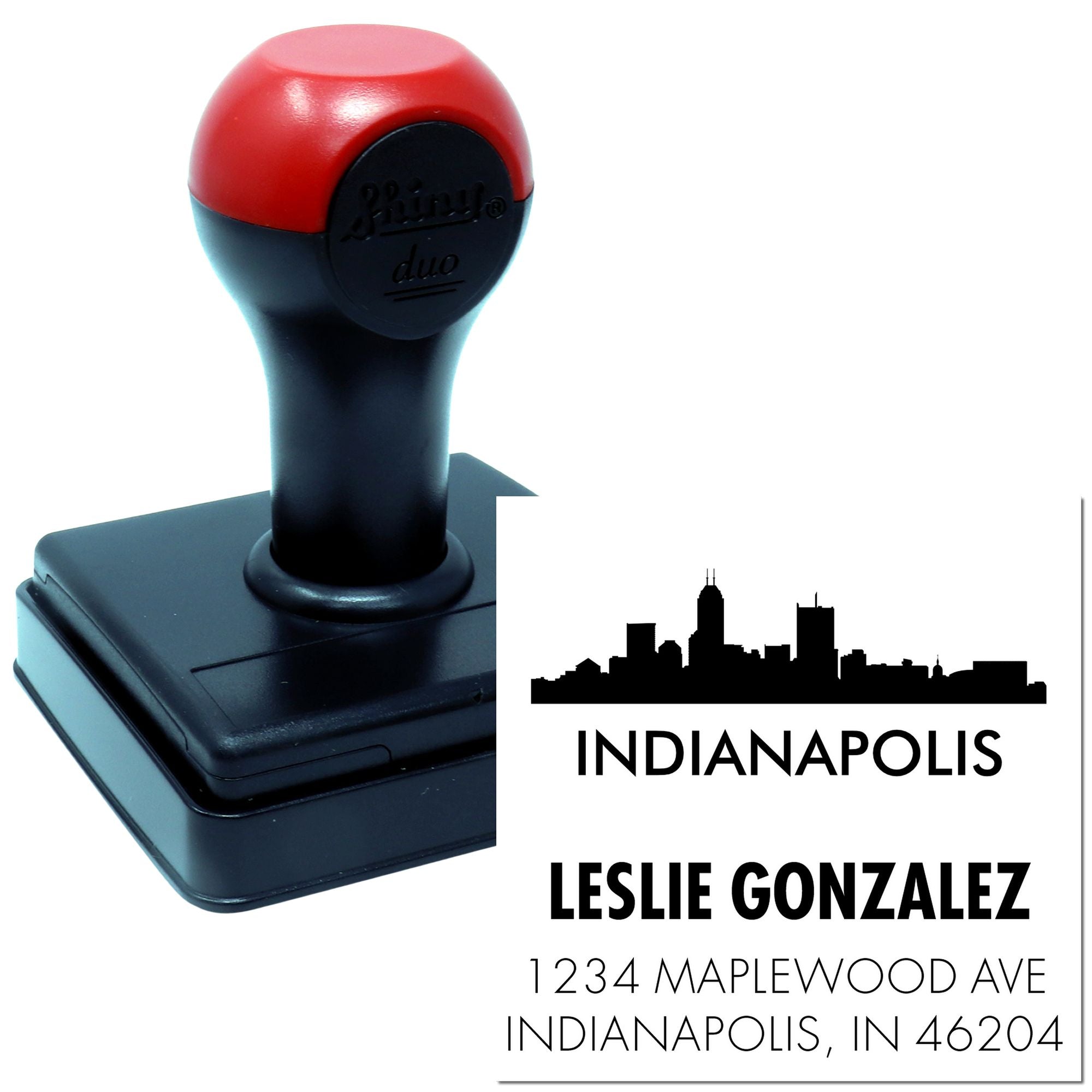 Custom self-inking rubber stamp with Indianapolis skyline, Leslie Gonzalez name, and address for personalized mailing.
