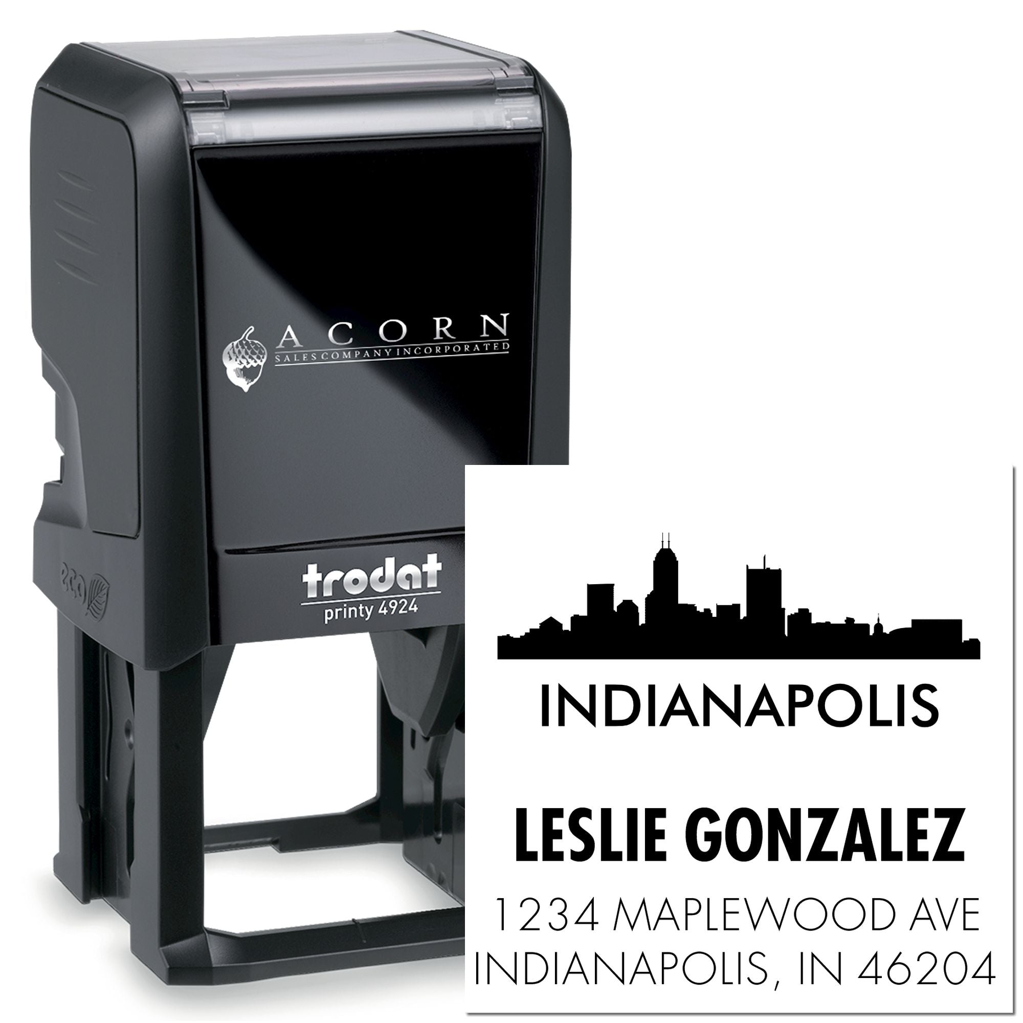 Custom self-inking rubber stamp for Indianapolis address imprint, featuring skyline logo, Leslie Gonzalez name, and mailing details.