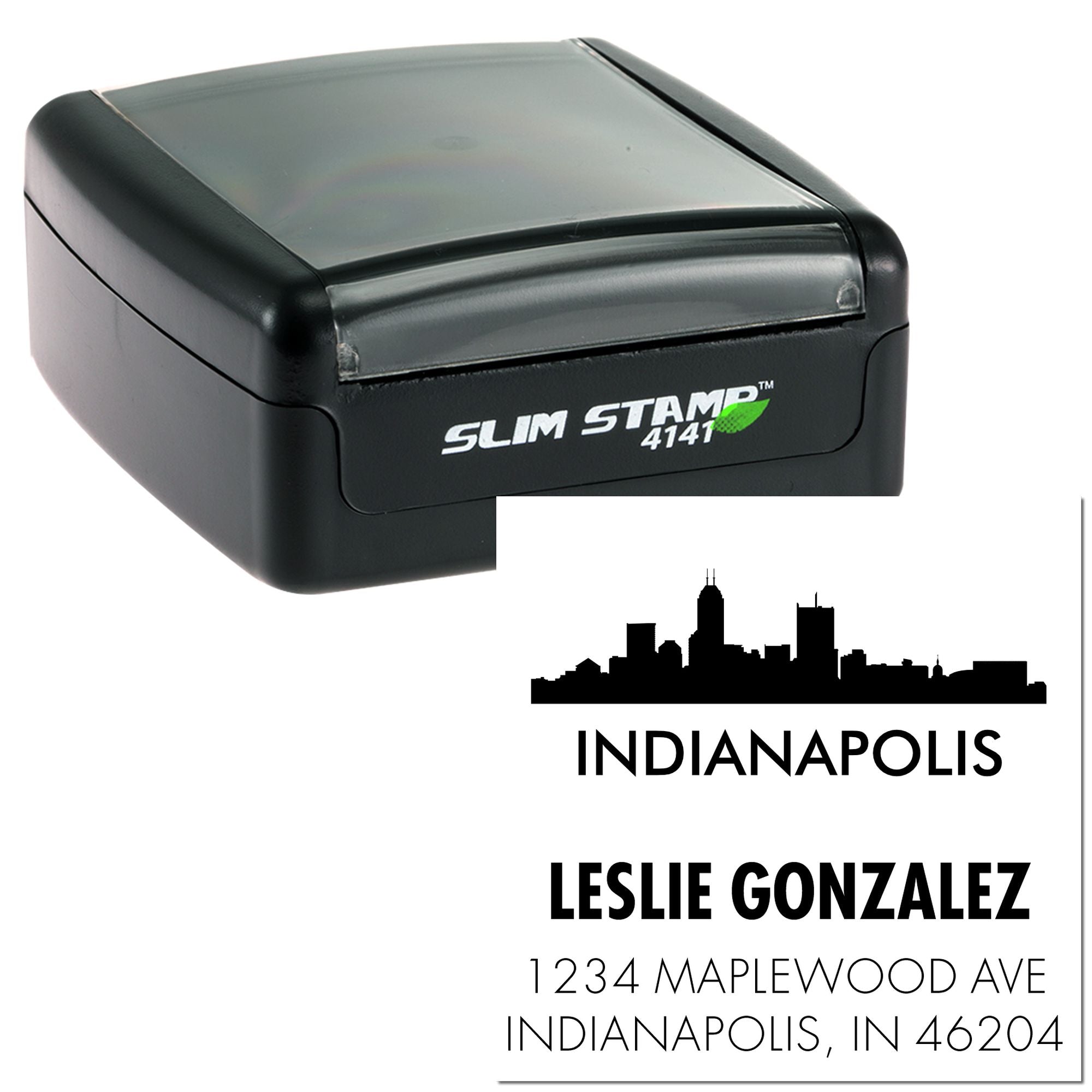 Custom self-inking rubber address stamp with Indianapolis skyline, Leslie Gonzalez name, and return address.
