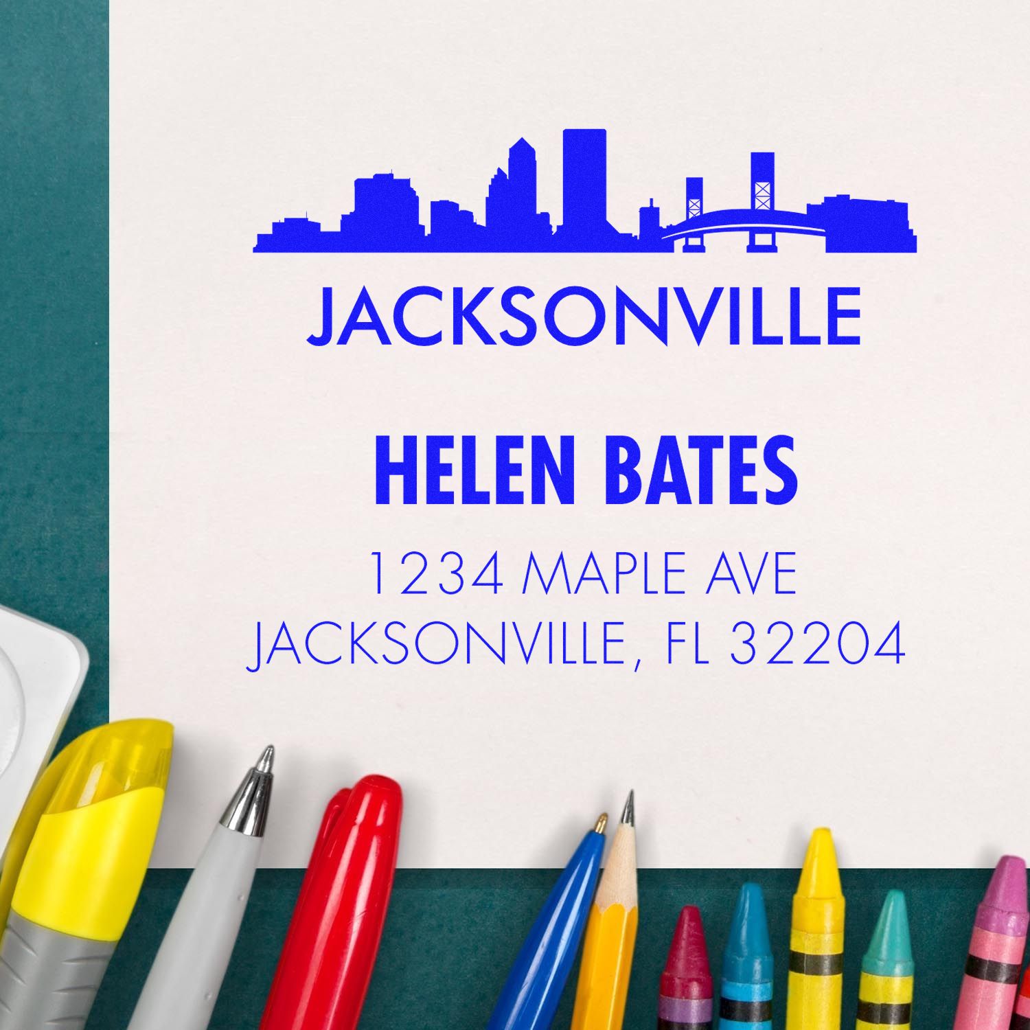 Custom Jacksonville address rubber stamp with skyline design for Helen Bates, 1234 Maple Ave, Jacksonville, FL 32204.