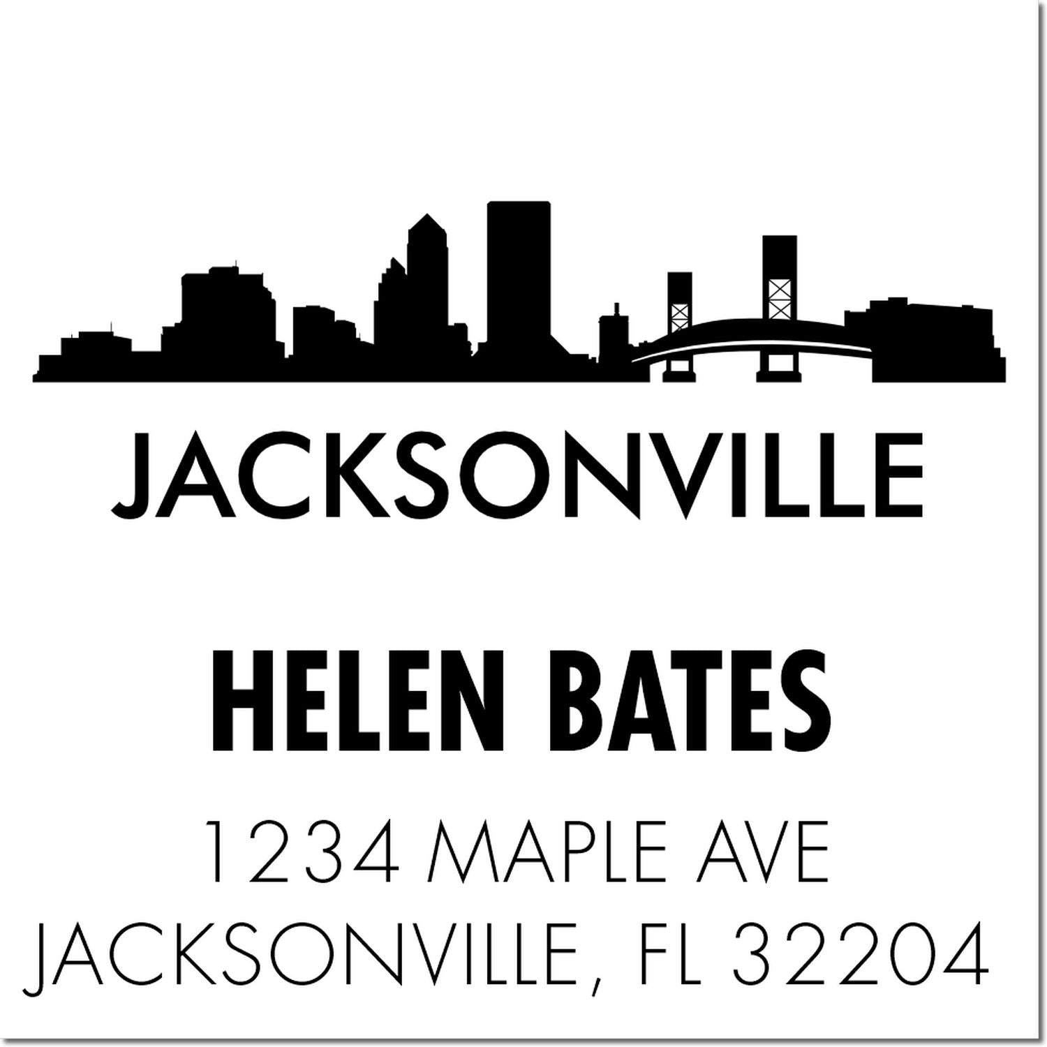 Jacksonville skyline custom address rubber stamp for Helen Bates, 1234 Maple Ave, Jacksonville, FL 32204.
