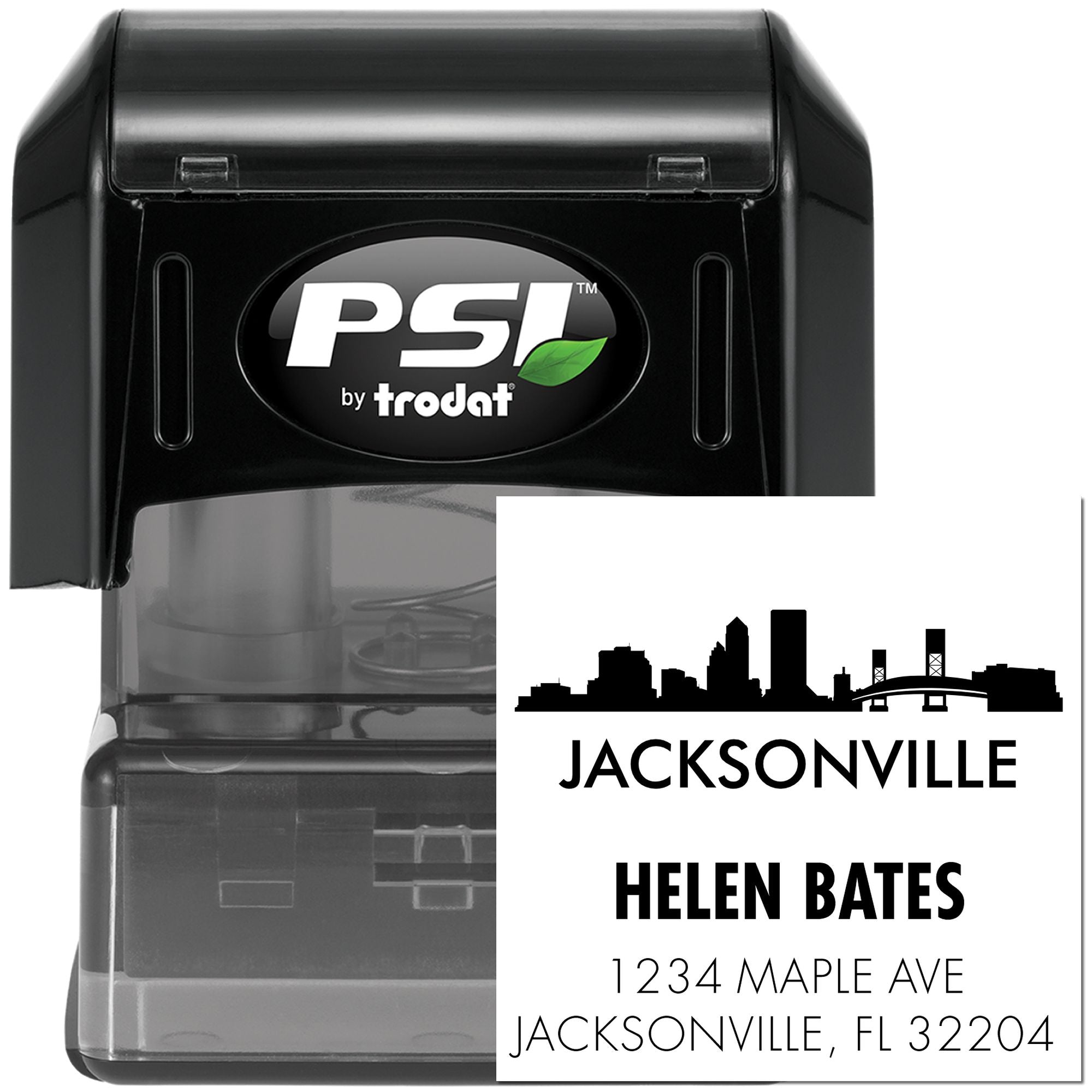 Custom self-inking rubber address stamp with Jacksonville skyline design for Helen Bates, 1234 Maple Ave, Jacksonville FL 32204