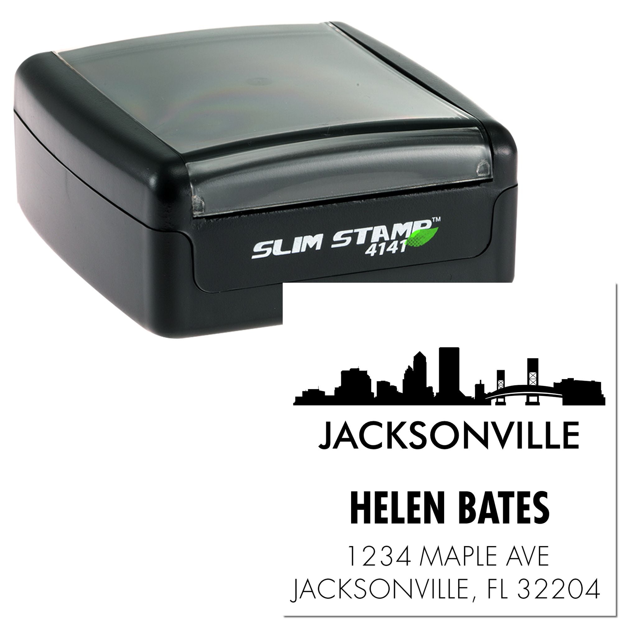 Custom self-inking address rubber stamp with Jacksonville skyline, Helen Bates name, and Florida address imprint.