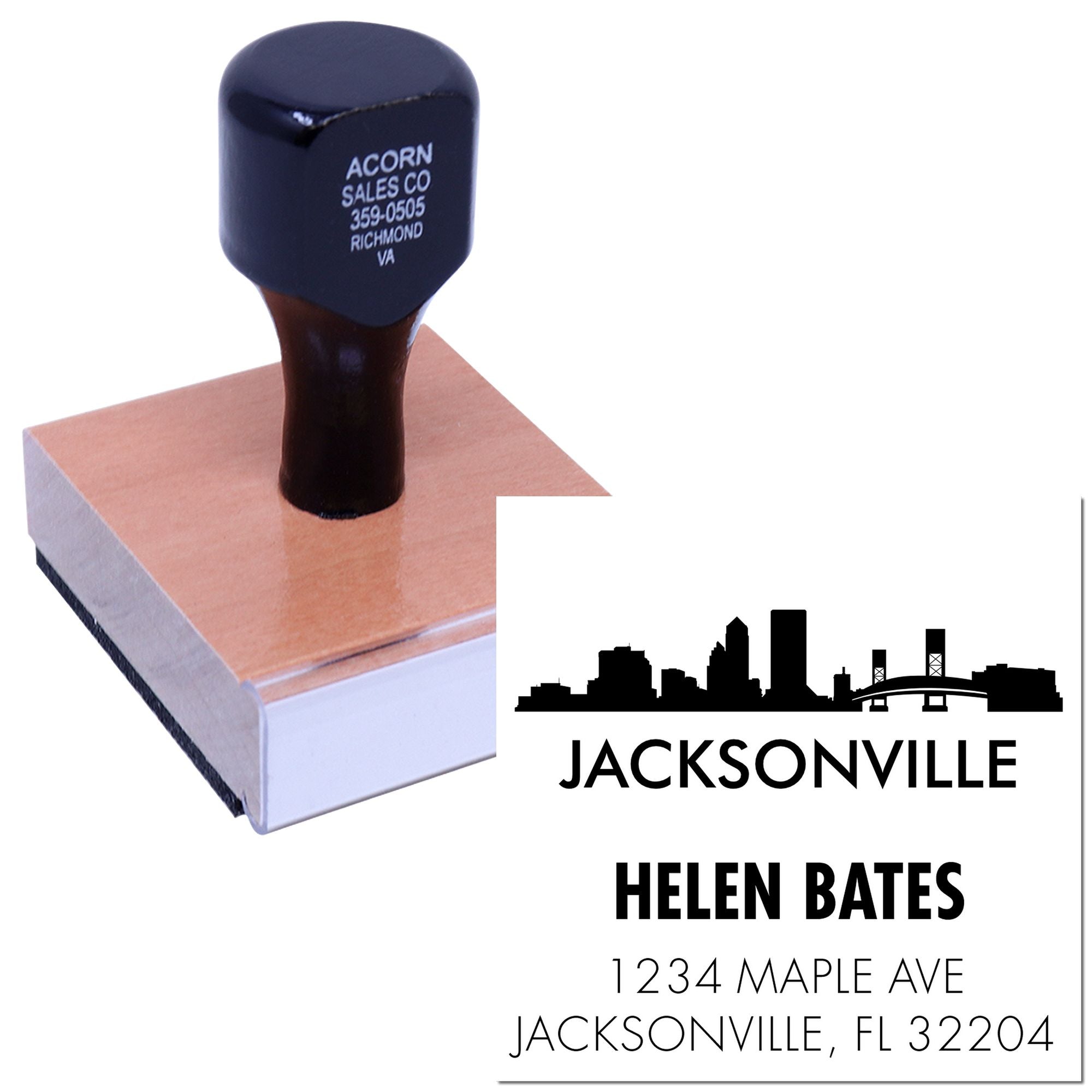 Custom Jacksonville address rubber stamp with skyline logo, Helen Bates, and mailing address imprint.