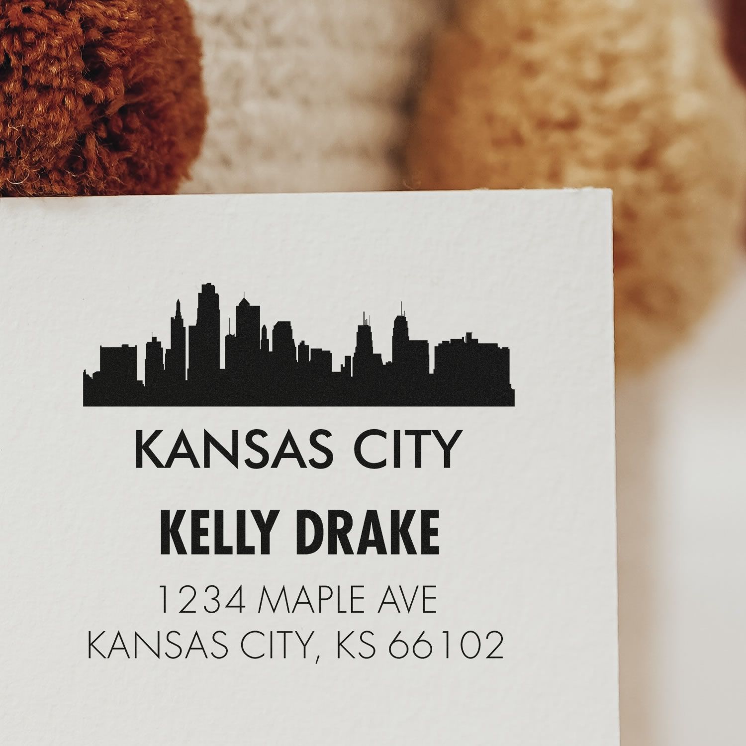 Custom Kansas City return address rubber stamp with skyline design and personalized name and address