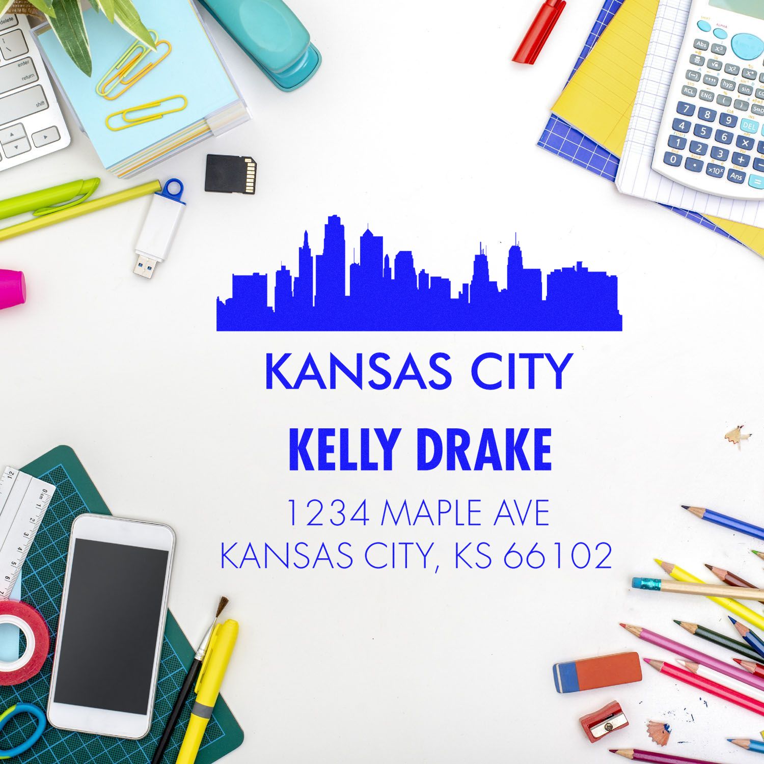 Custom Kansas City rubber stamp with skyline, name Kelly Drake, and address for mailing, branding, or return labels.