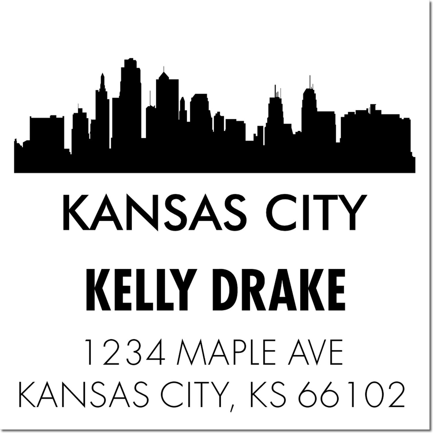 Kansas City custom address rubber stamp with skyline design for Kelly Drake, 1234 Maple Ave, Kansas City, KS 66102