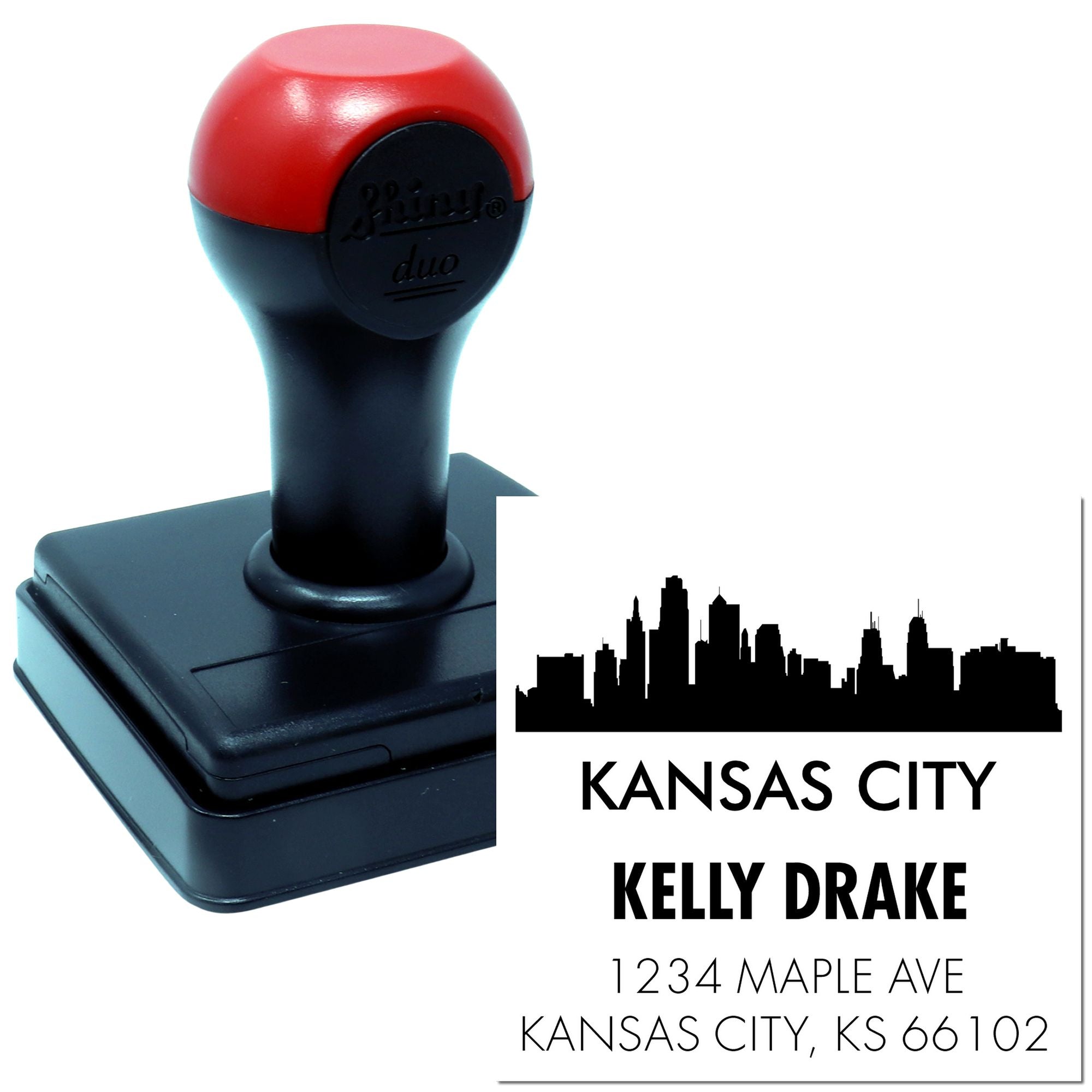 Custom self-inking rubber stamp with Kansas City skyline and address for Kelly Drake, 1234 Maple Ave, Kansas City, KS 66102