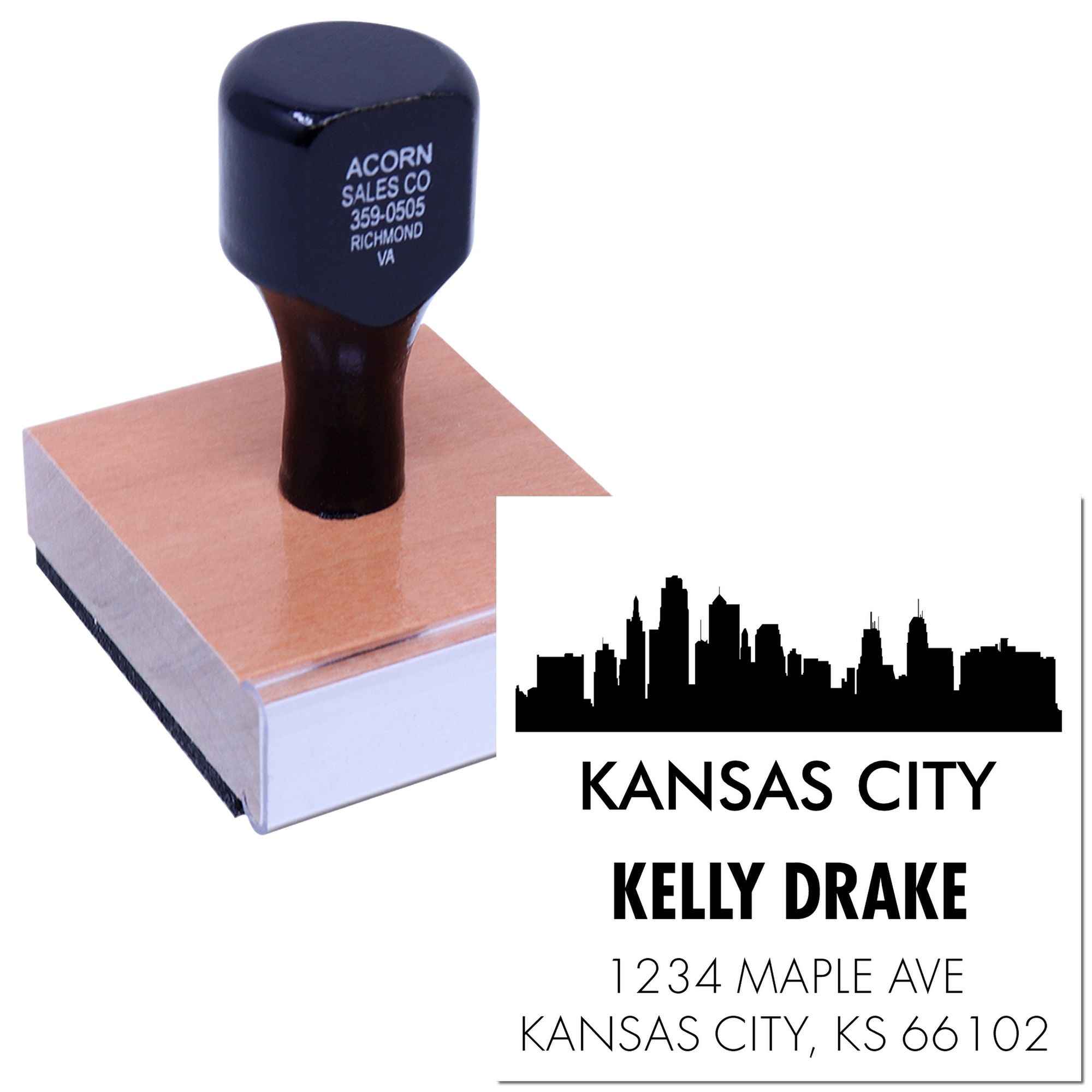 Custom rubber stamp with Kansas City skyline return address design for Kelly Drake, 1234 Maple Ave, Kansas City, KS 66102.