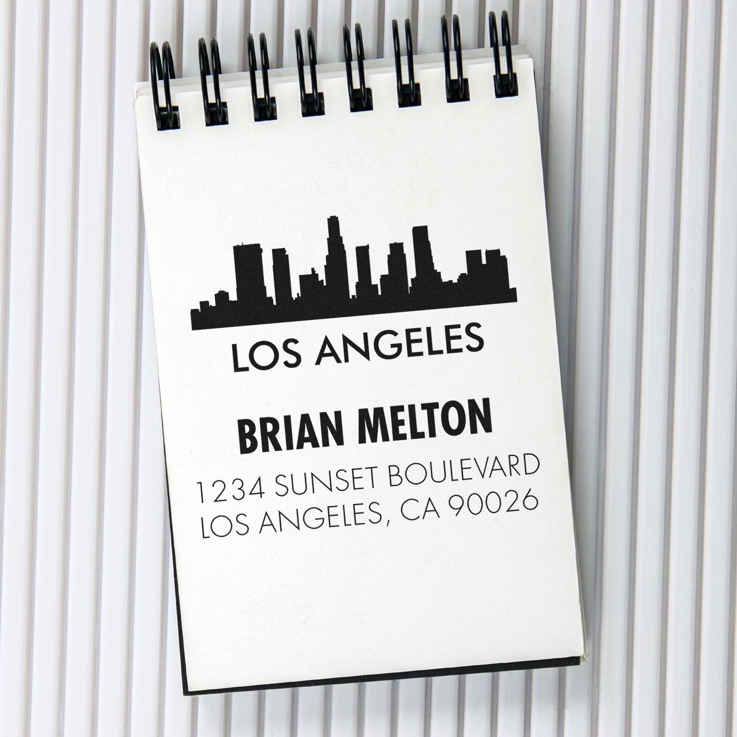 Personalized Los Angeles return address rubber stamp with skyline, name, and address for custom mailing labels