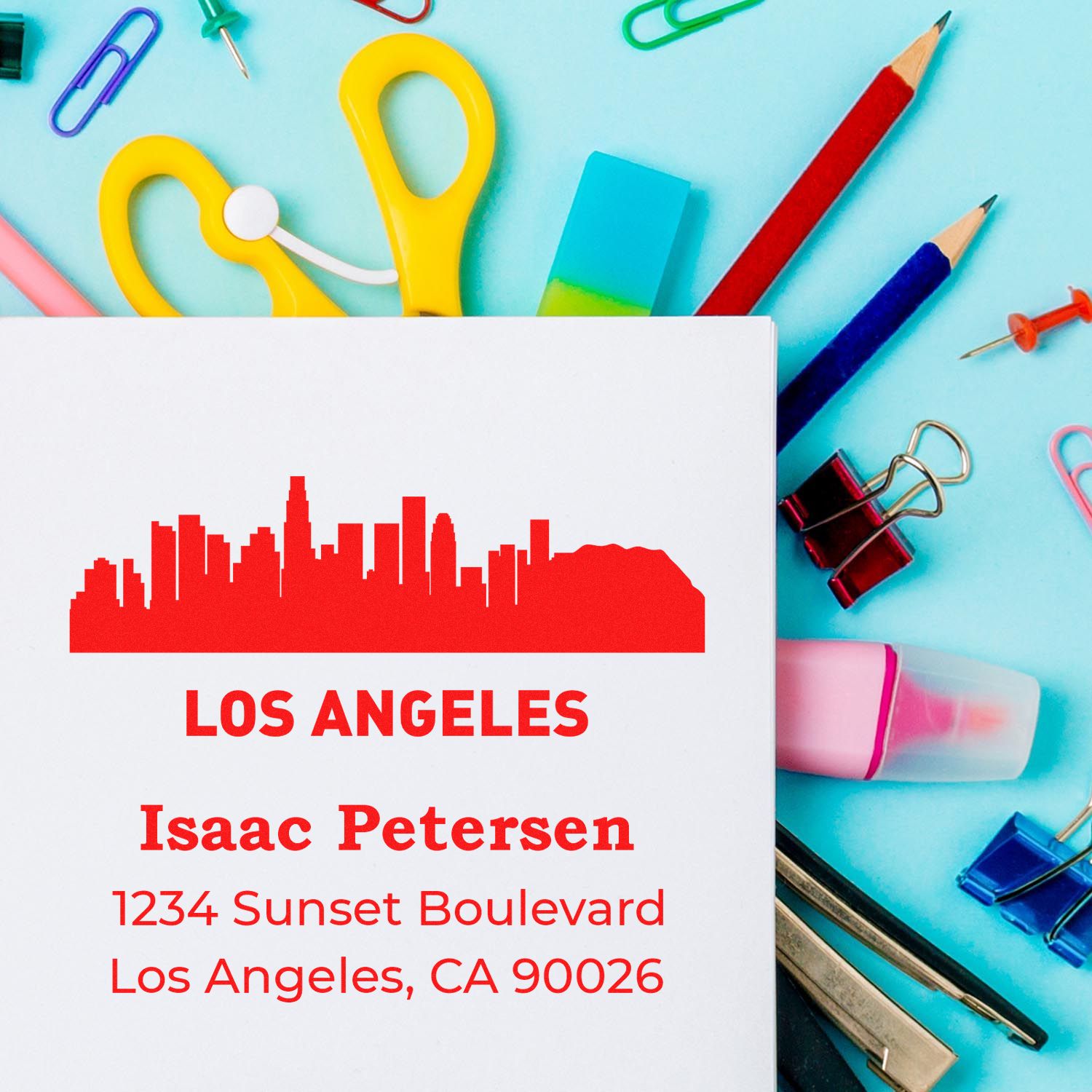 Custom return address rubber stamp with Los Angeles skyline for personalized mailing, stationery, and business correspondence.