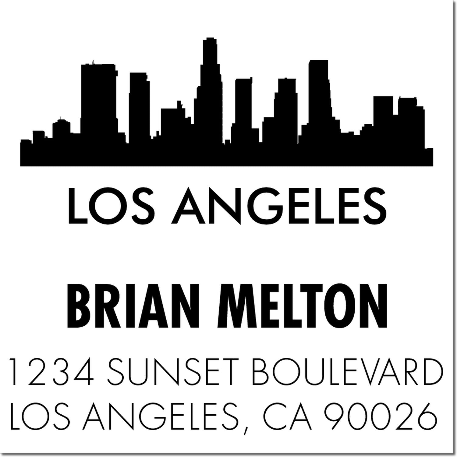 Personalized Los Angeles skyline return address rubber stamp for Brian Melton, 1234 Sunset Boulevard, Los Angeles, CA 90026.