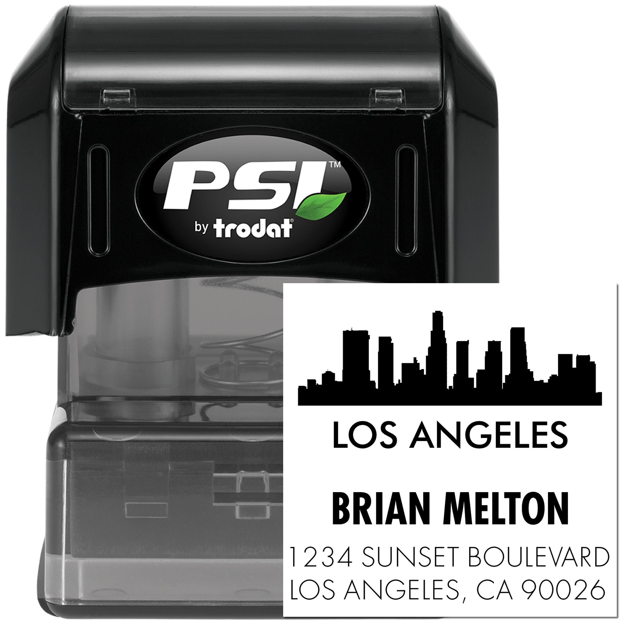 PSI by Trodat custom self-inking rubber address stamp with Los Angeles skyline for Brian Melton, 1234 Sunset Boulevard, CA 90026