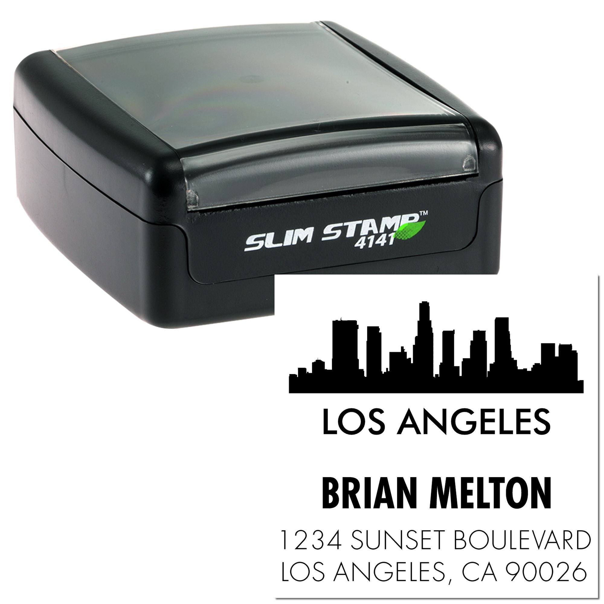 Self-inking rubber address stamp with Los Angeles skyline and Brian Melton custom return address design.