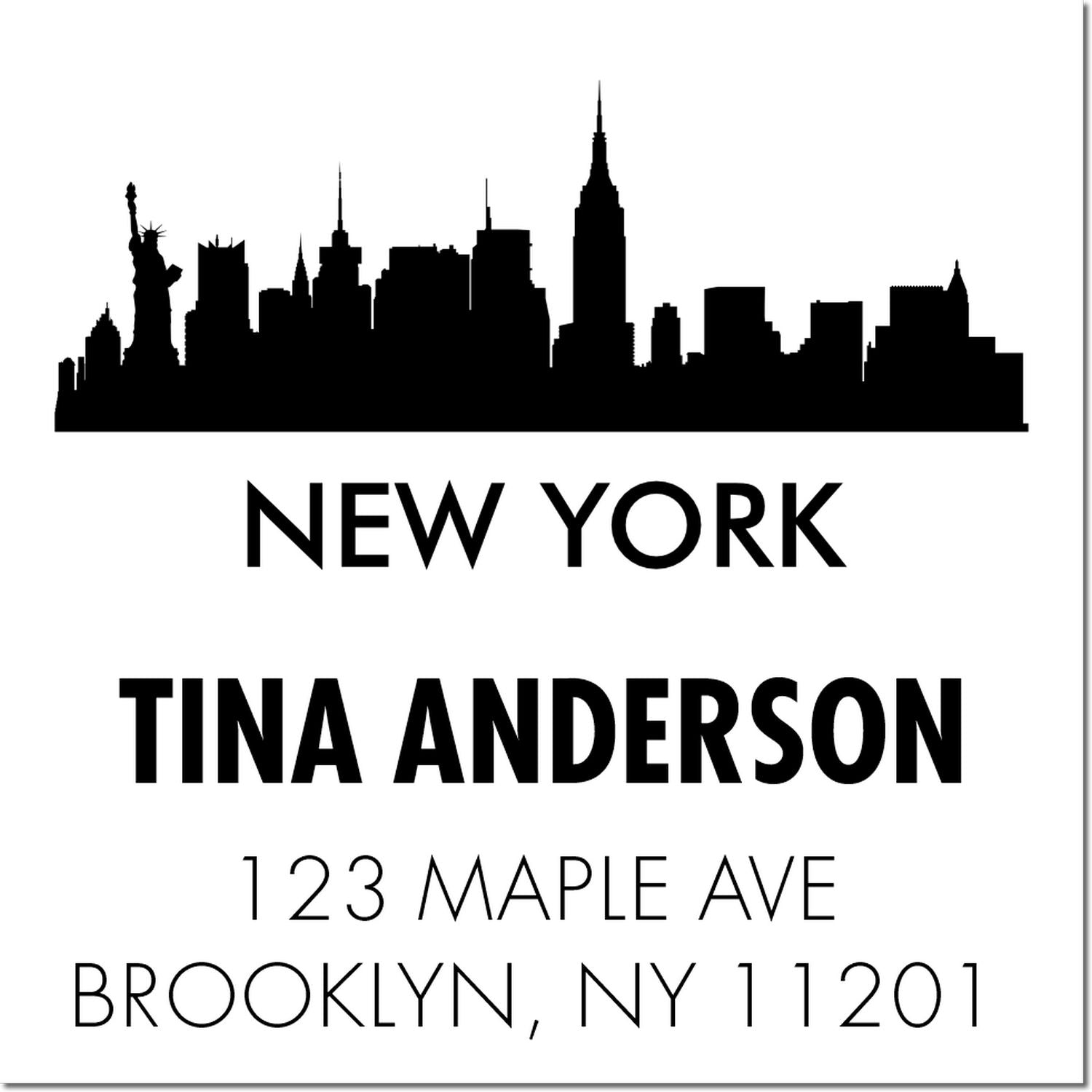 Custom New York return address rubber stamp with skyline for Tina Anderson, 123 Maple Ave, Brooklyn, NY 11201