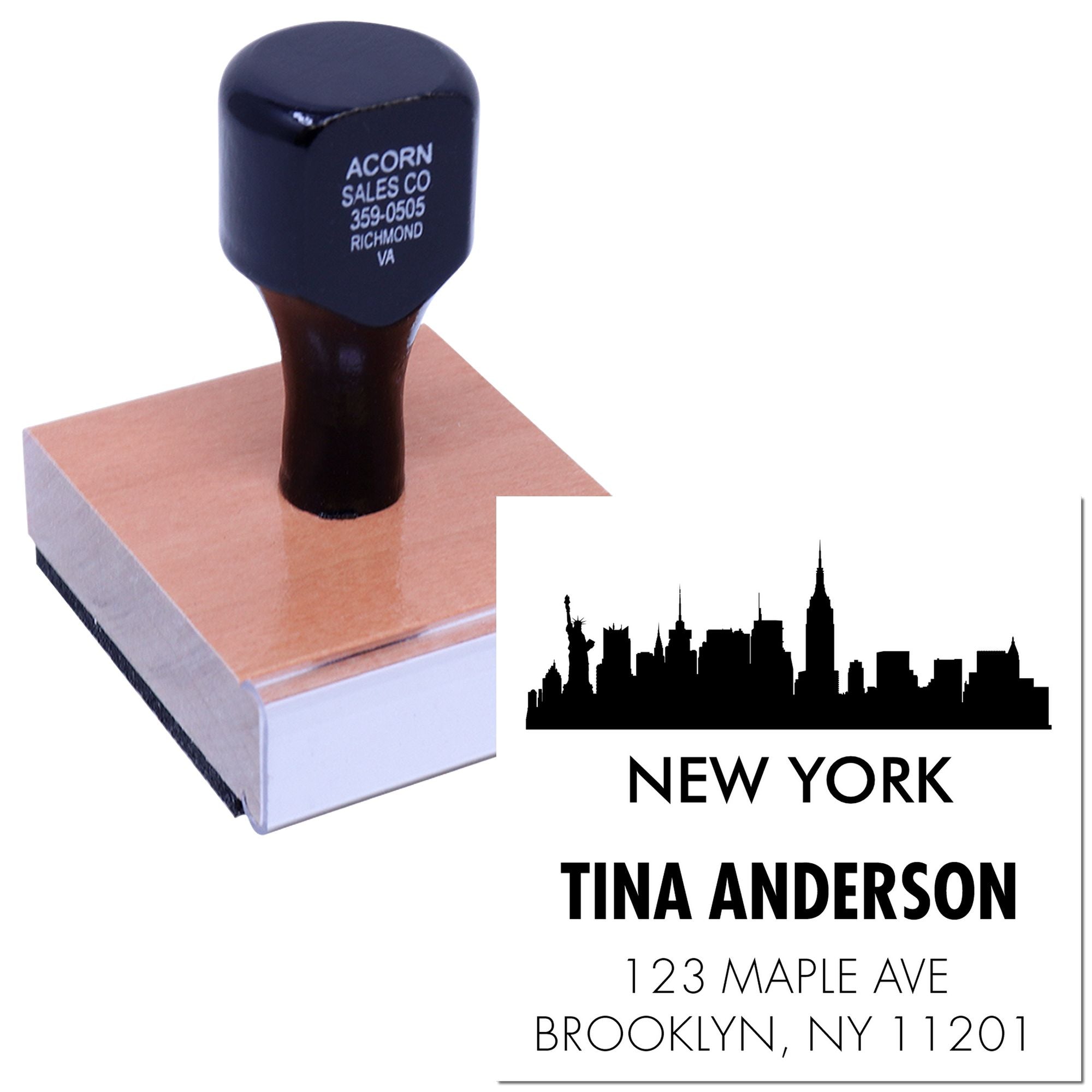 Custom New York address rubber stamp with skyline logo, name, and return address for personalized mailing.