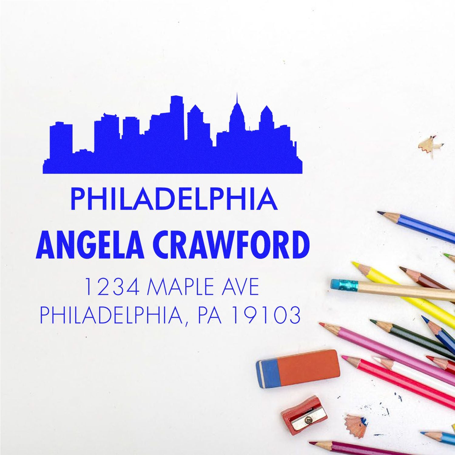 Custom Philadelphia return address rubber stamp with skyline, Angela Crawford, 1234 Maple Ave, PA 19103