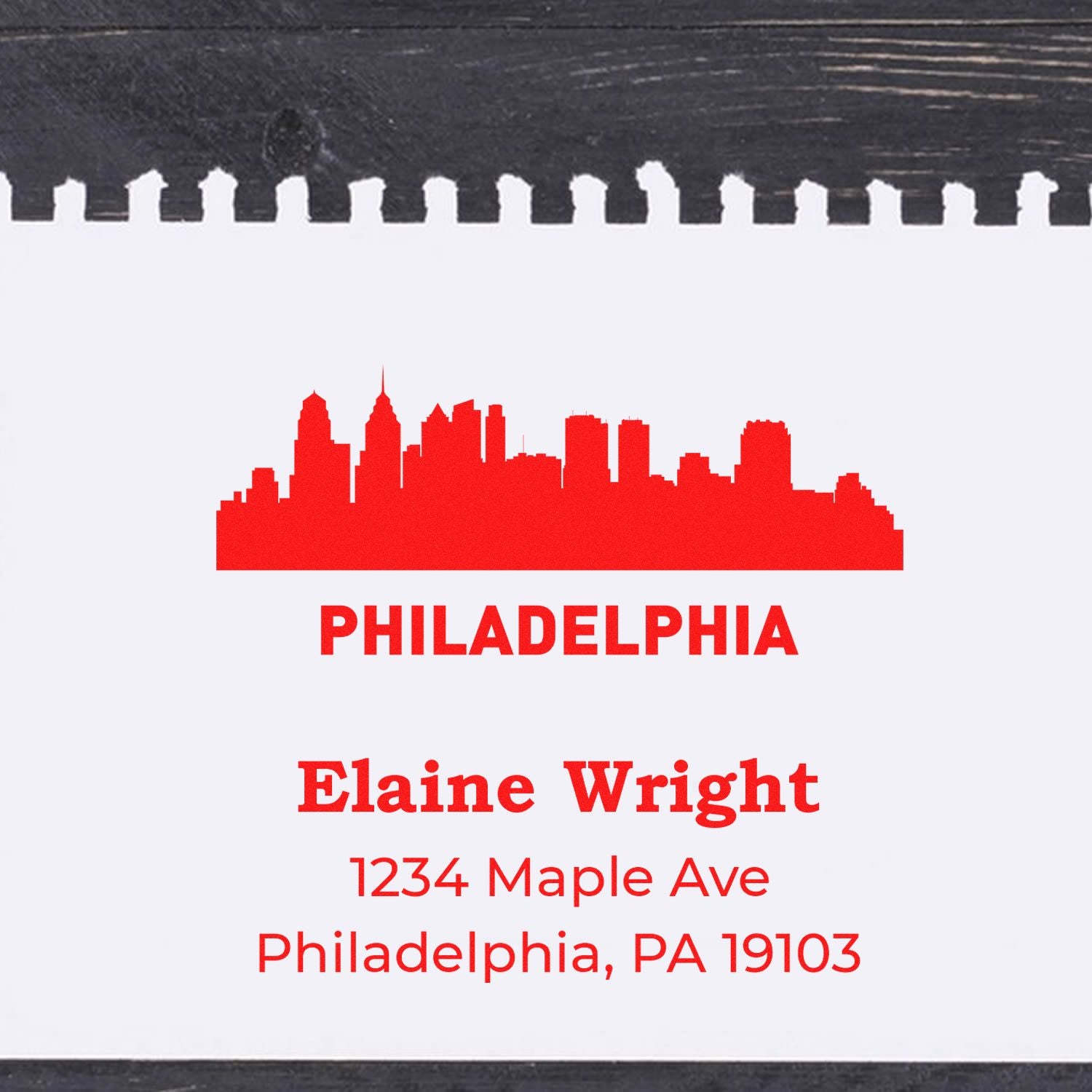 Custom Philadelphia address stamp with skyline graphic for Elaine Wright, 1234 Maple Ave, Philadelphia, PA 19103