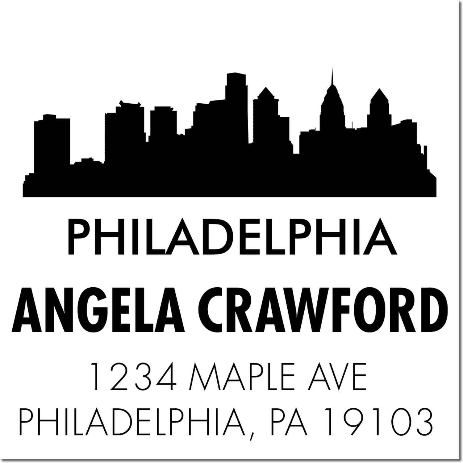 Personalized Philadelphia skyline return address rubber stamp for Angela Crawford, 1234 Maple Ave, Philadelphia, PA 19103