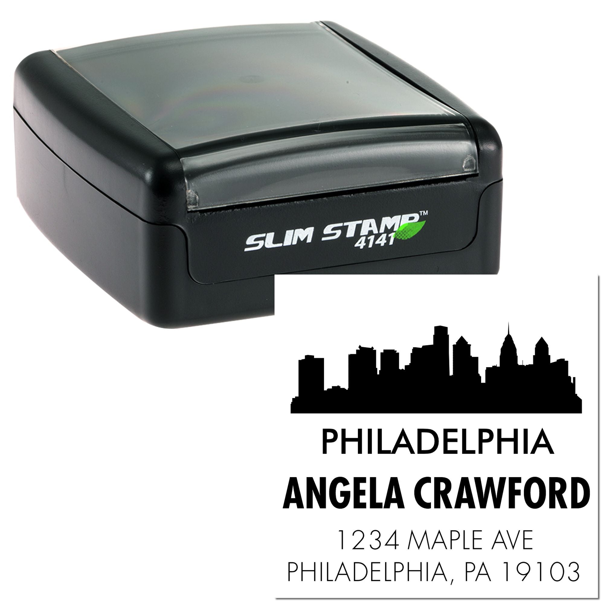 Custom self-inking rubber stamp with Philadelphia skyline return address design for Angela Crawford.