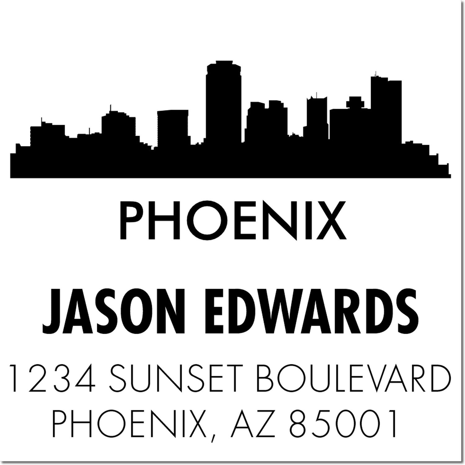 Custom Phoenix skyline address rubber stamp for Jason Edwards, 1234 Sunset Boulevard, Phoenix, AZ 85001.