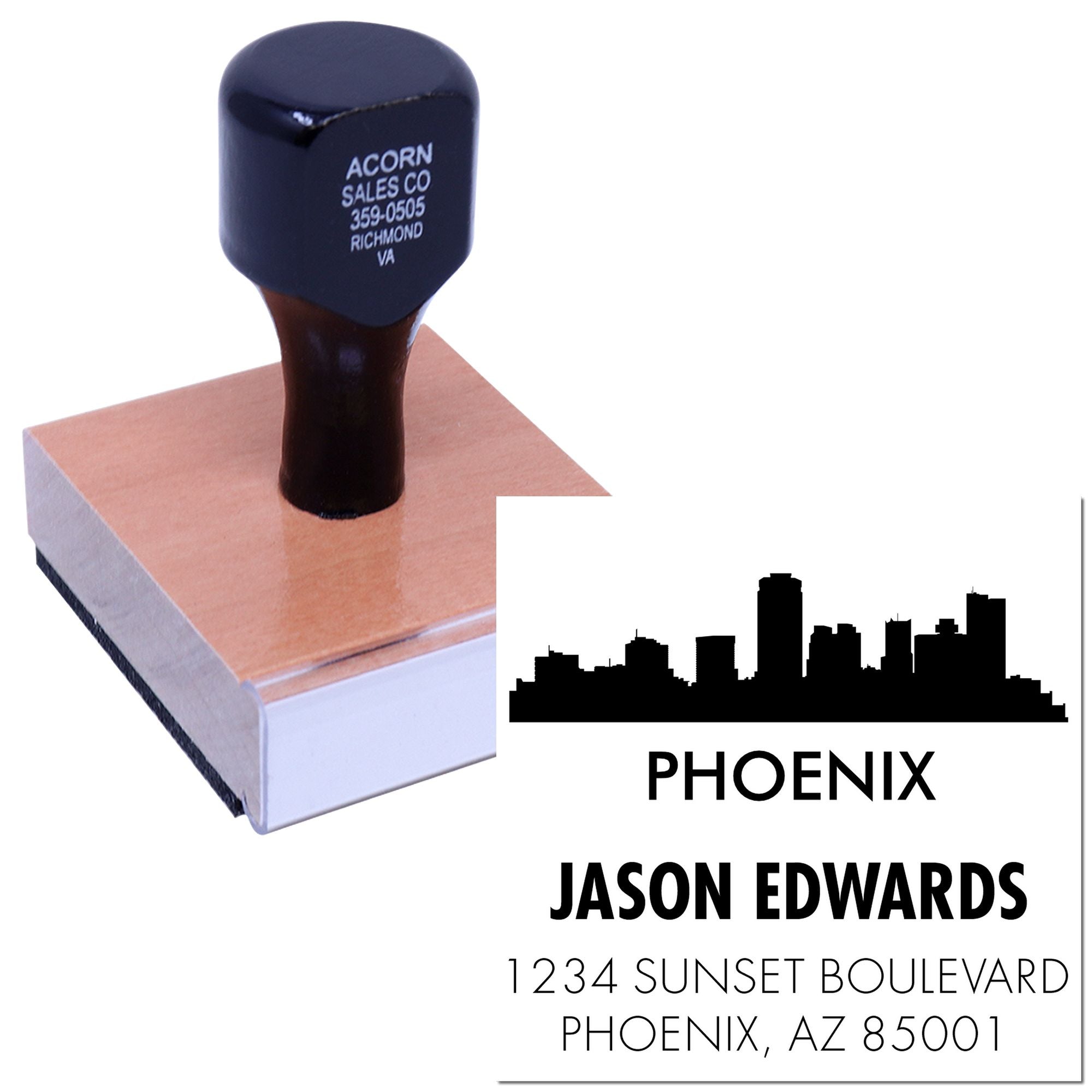 Custom Phoenix return address rubber stamp with skyline logo and personalized Jason Edwards address for mailings.