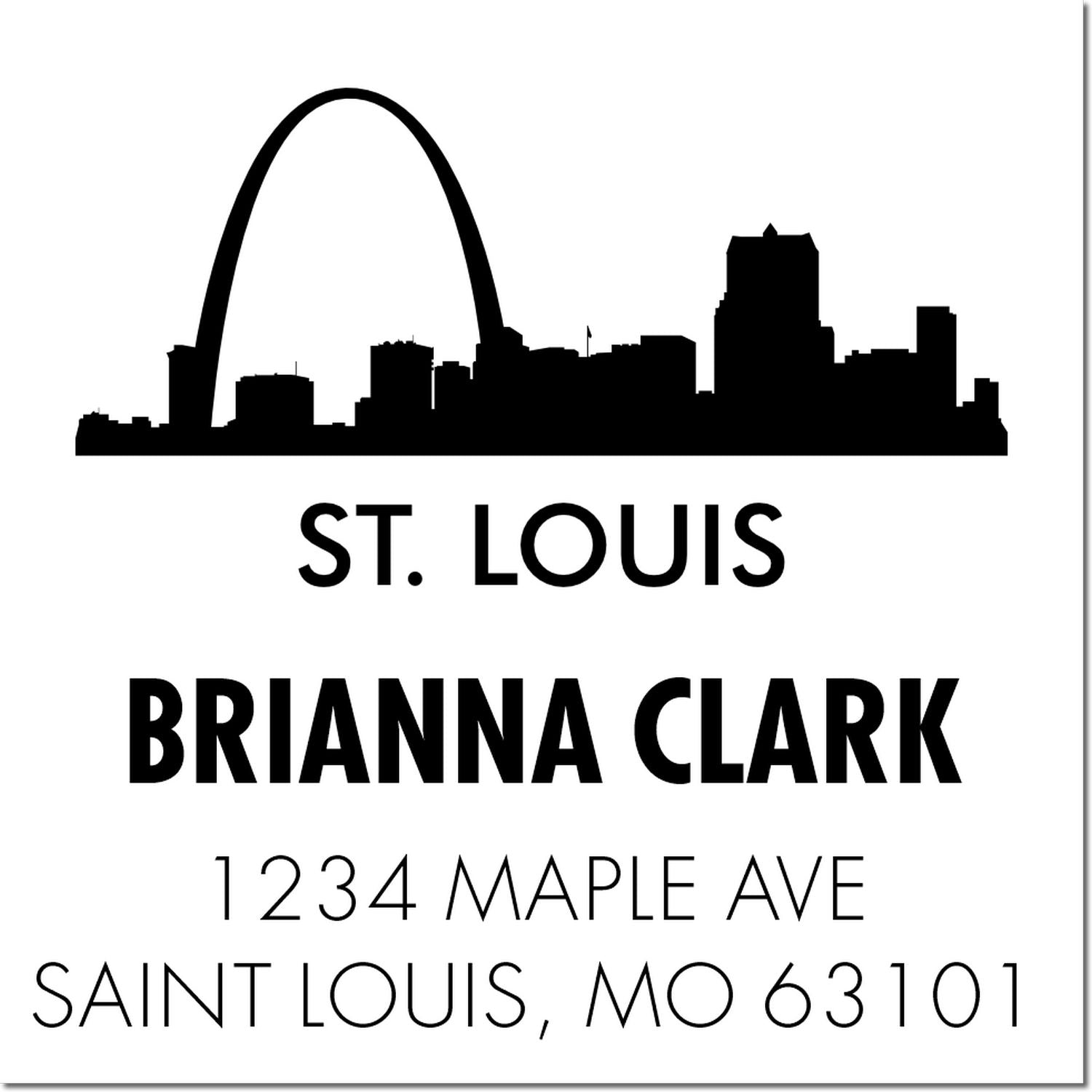 Custom St. Louis skyline address rubber stamp for Brianna Clark with name, street address, and ZIP code.